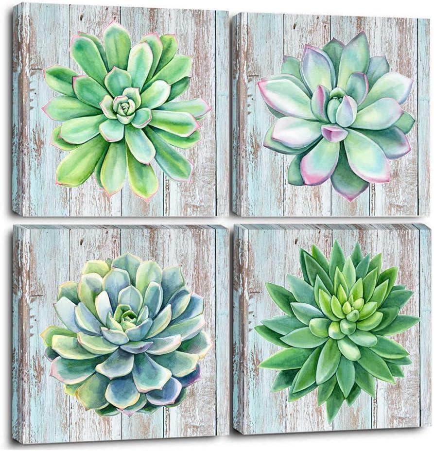 Paimuni Succulents Canvas Wall Art Watercolor Hand-Drawn Green Leaf Plants Printings Ready to Hang Wall Decor Botanical Giclee Prints 12x12inchesx4pcs