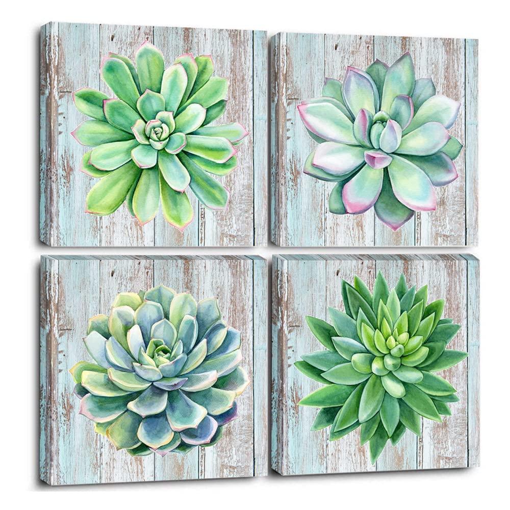 Paimuni Succulents Canvas Wall Art Watercolor Hand-Drawn Green Leaf Plants Printings Ready to Hang Wall Decor Botanical Giclee Prints 12x12inchesx4pcs
