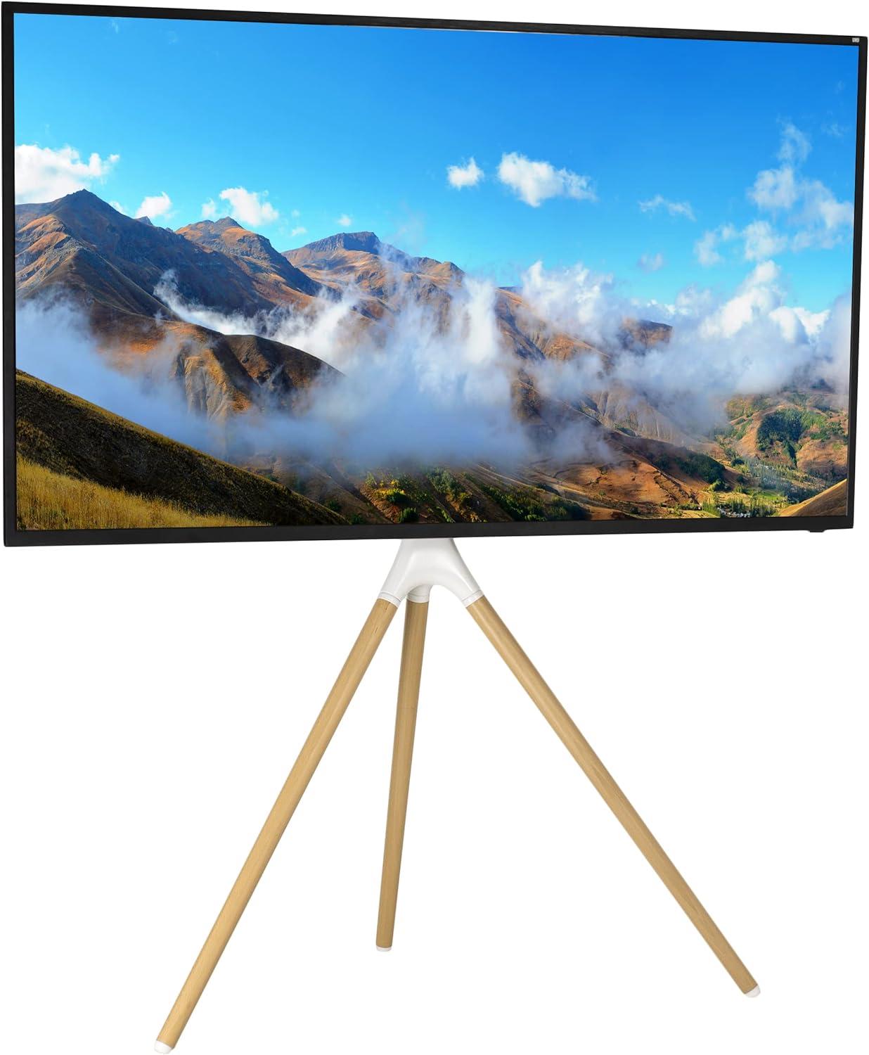 White and Light Wood Adjustable Easel TV Stand for 45"-65" Screens