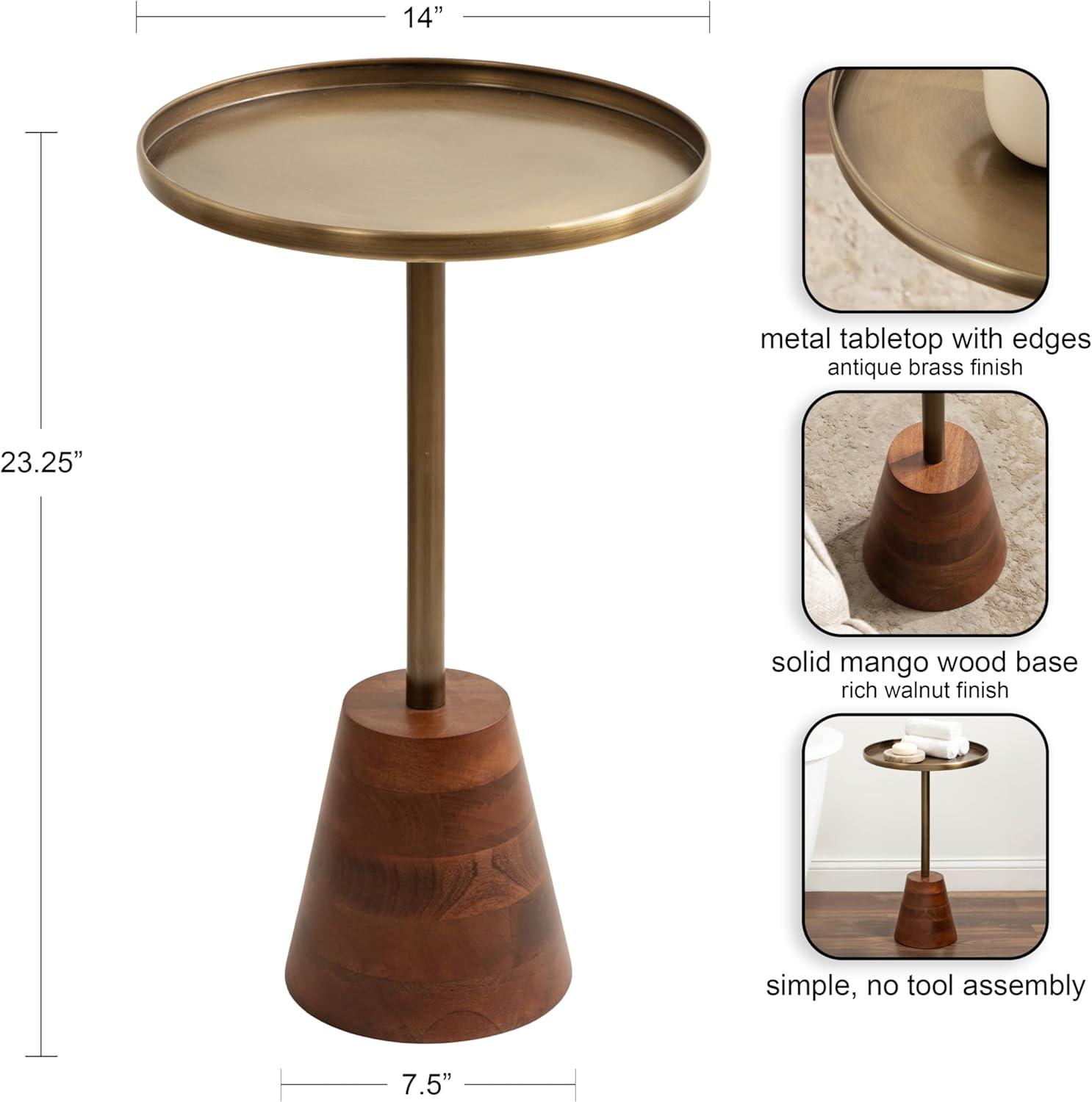 Walnut Brown and Brass Round Side Table with Wood Base