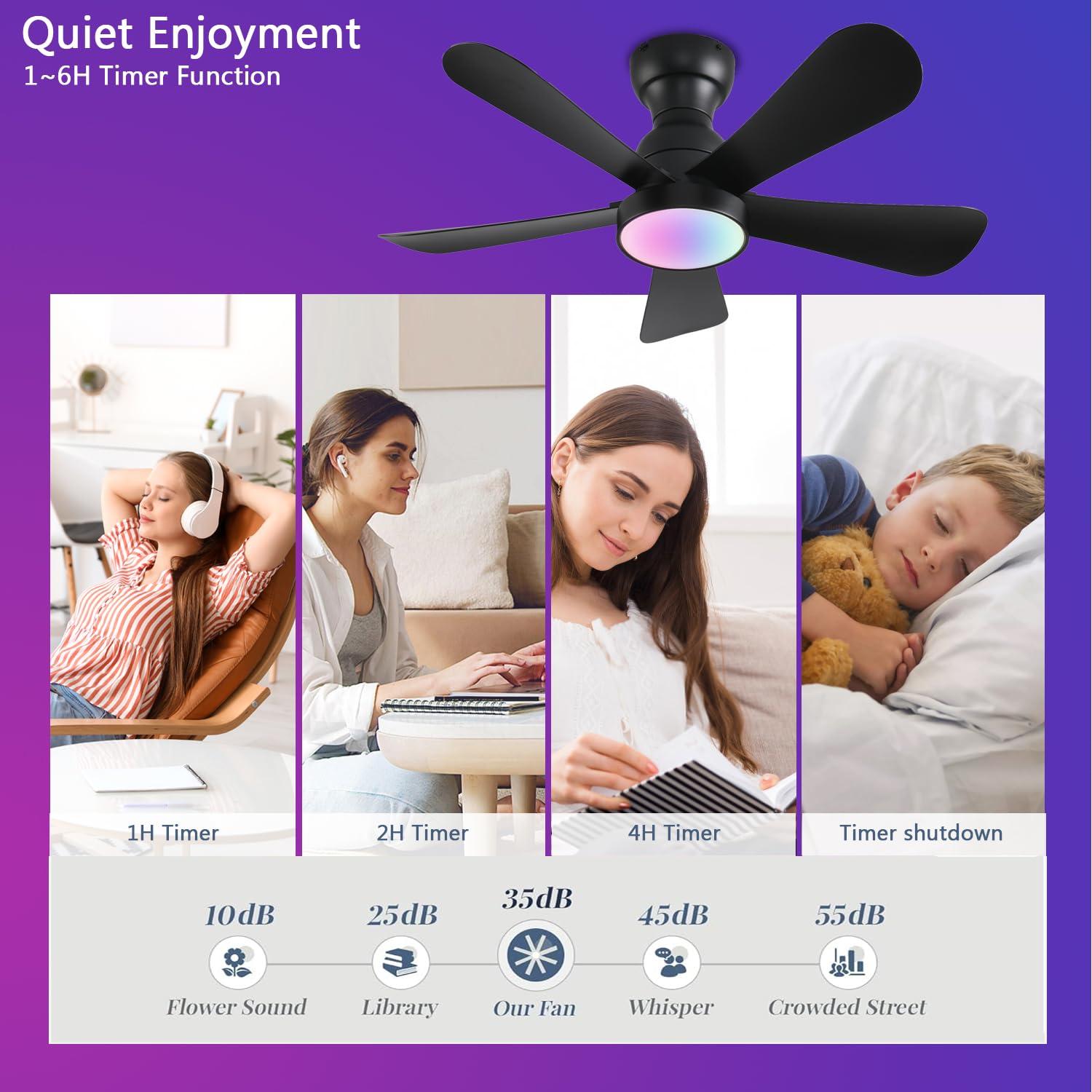 36inch Ceiling Fans with Lights and Remote/App Control, Flush Mount Ceiling Fan with Reversible Dc Motor RGB Dimmable Light, Noiseless Black Modern Small Ceiling Fan for Bedroom Indoor/Outdoor