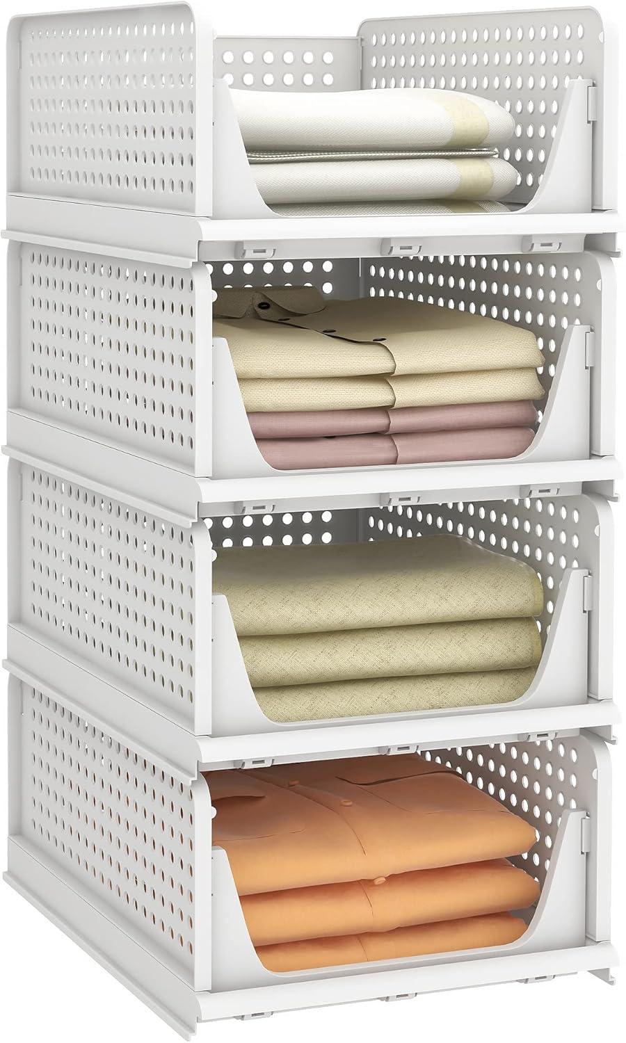 Pinkpum Stackable Plastic Storage Basket, Foldable Closet Organizers and Storage Bins 4 Pack Drawer Shelf Storage Container for Wardrobe Kitchen Bathroom Office Dorm White C45