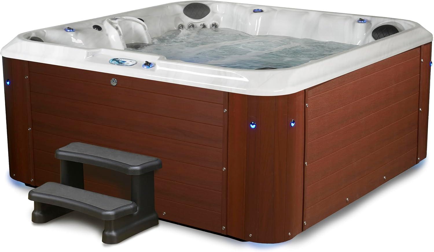 Amplified 6-Person 100-Jet Lounger Hot Tub Spa with Bluetooth Stereo, 3 Pumps, LED Lighting, Stainless Steel Heater and Ozonator, Insulated Cover Included and Steps Included, Made in USA