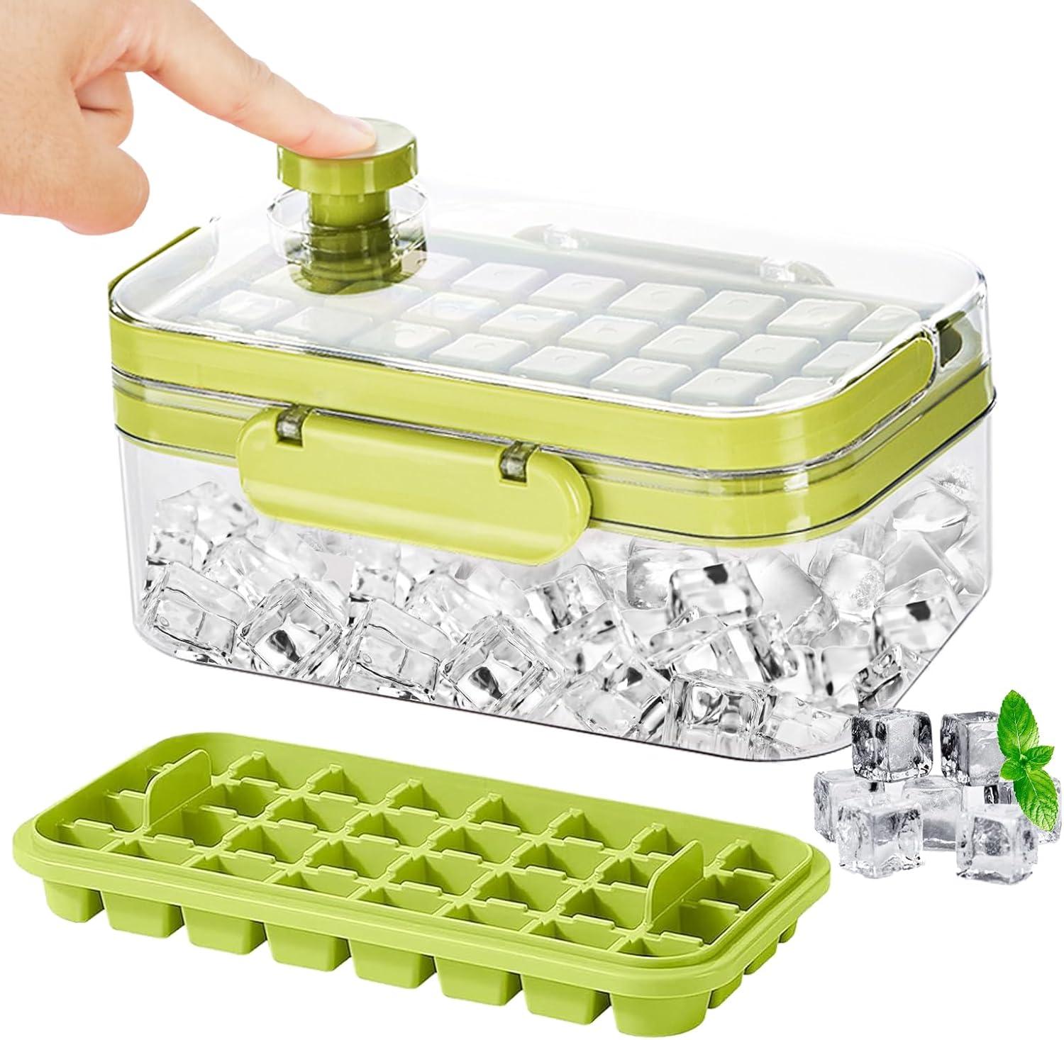 Ice Cube Tray with Lid and Bin, 2 Pack for Freezer, 64 Pcs Ice Cube Mold (Green)