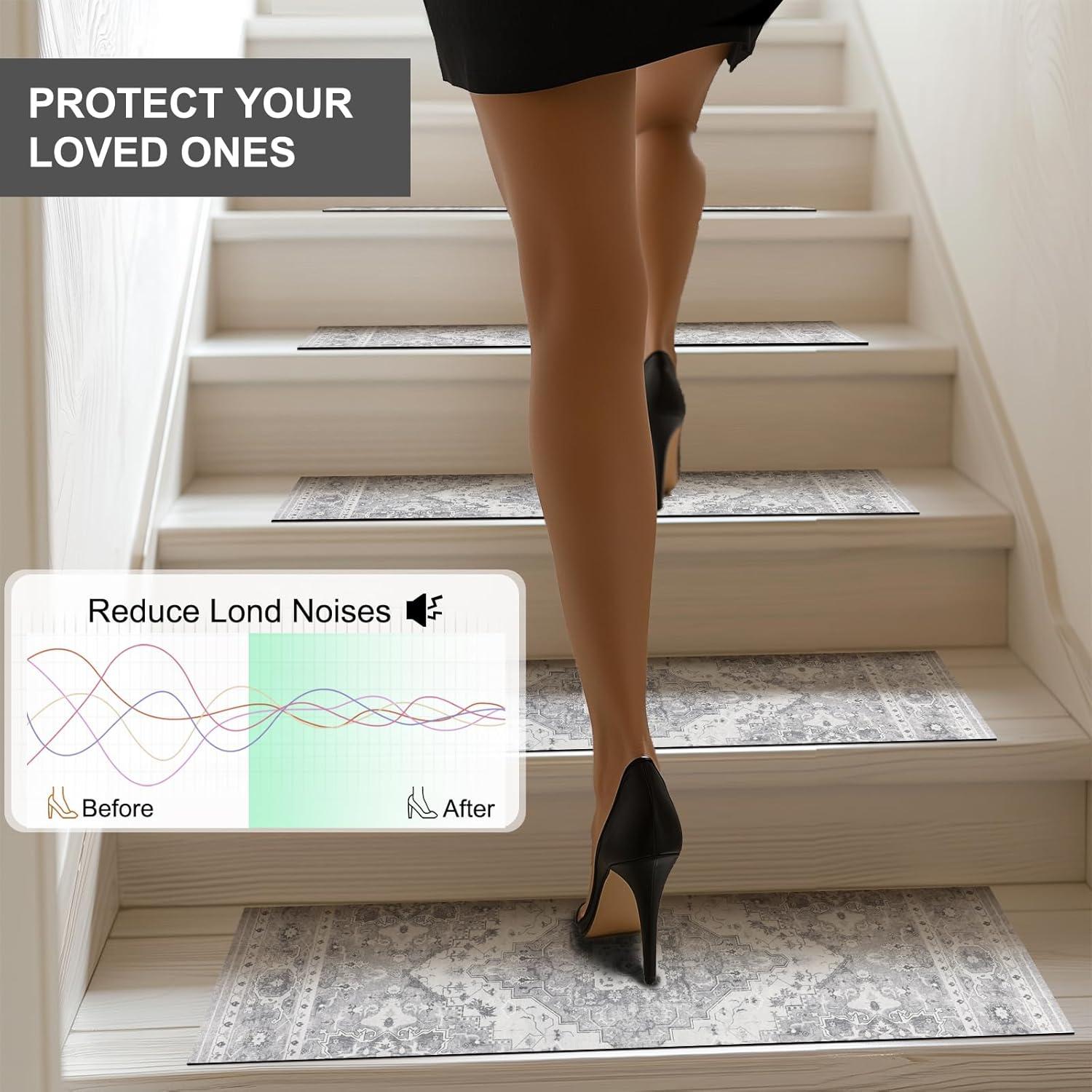 Capslpad Stair Treads Non Slip, 15 Pack 30"X8" Super Non Slip Reusable Staircase Step Treads, Soft Rubber Stair Treads for Wooden Steps, Pets, Elders (Grey)