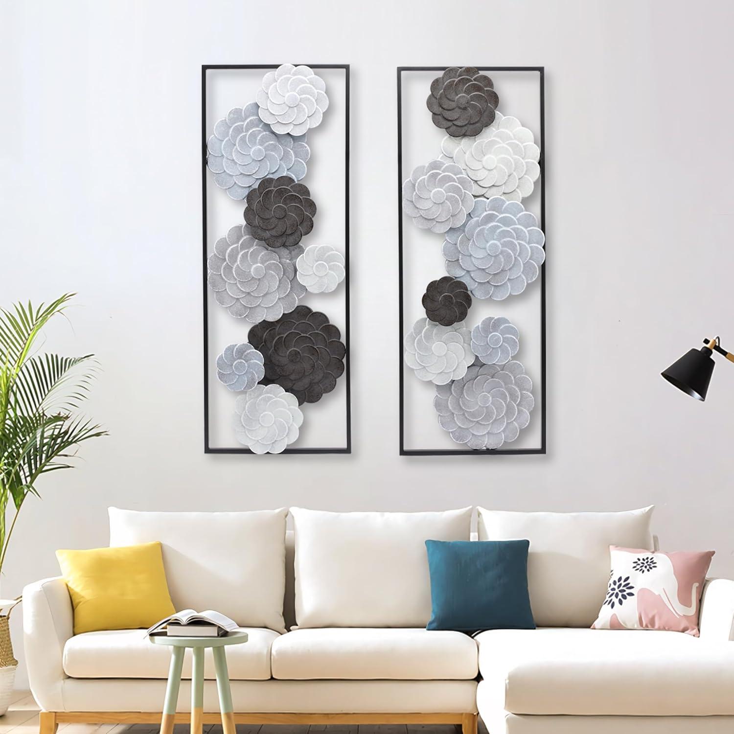 LuxenHome Multi-Color Flowers Metal Rectangular Panels Wall Decor Wall Art, Set of 2 Multicolored