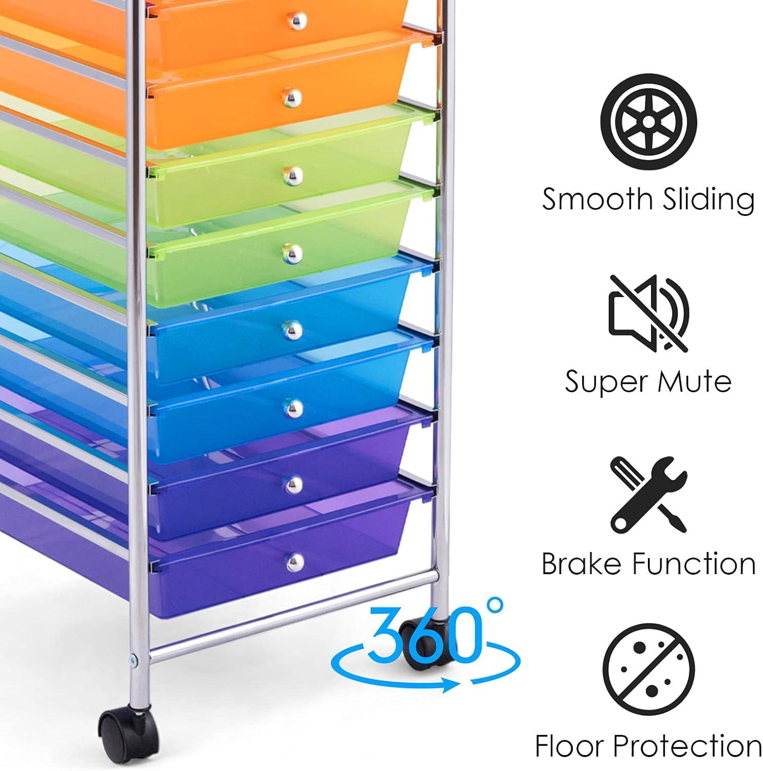 Multicolor 10-Drawer Rolling Storage Cart with Alloy Steel Frame