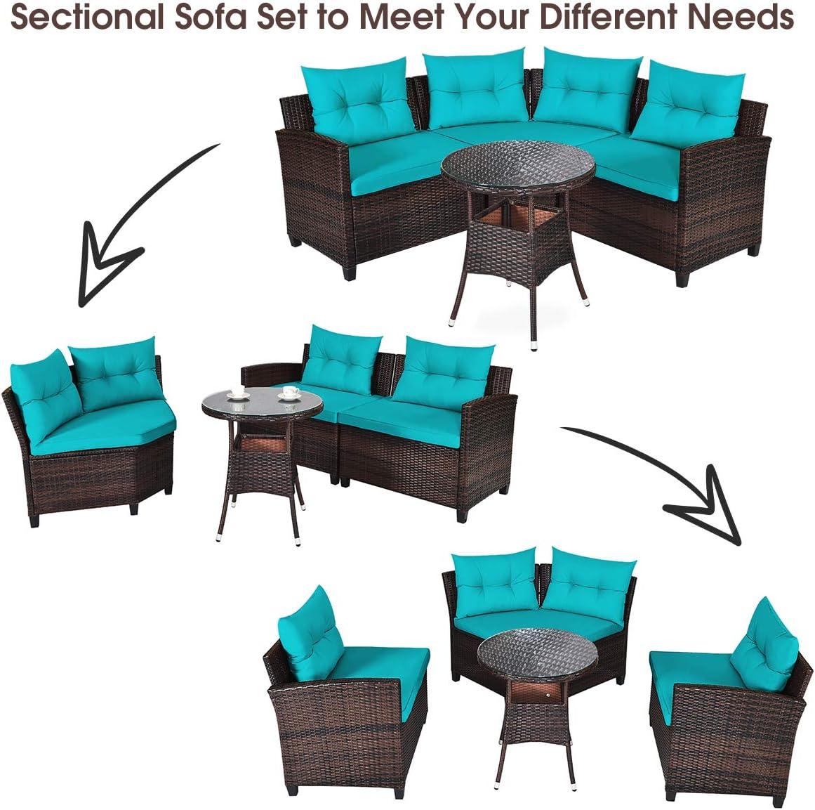 Costway 4PCS Outdoor Patio Rattan Furniture Set Cushioned Sofa Table Turquoise