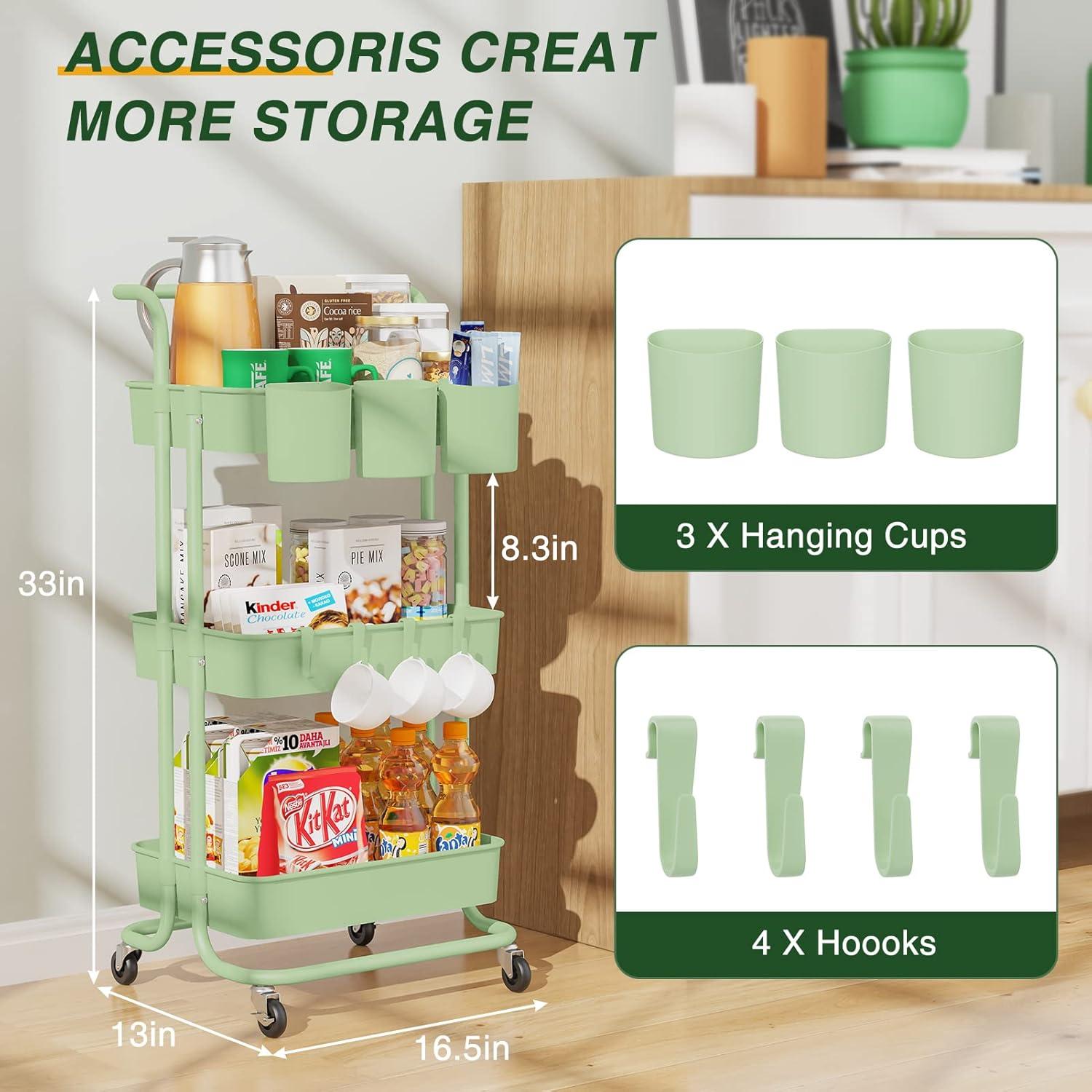 3-Tier Metal Rolling Cart Utility Cart Storage Cart with Lockable Wheels, 3 Hanging Cups & 4 Hooks for Office, Kitchen, White