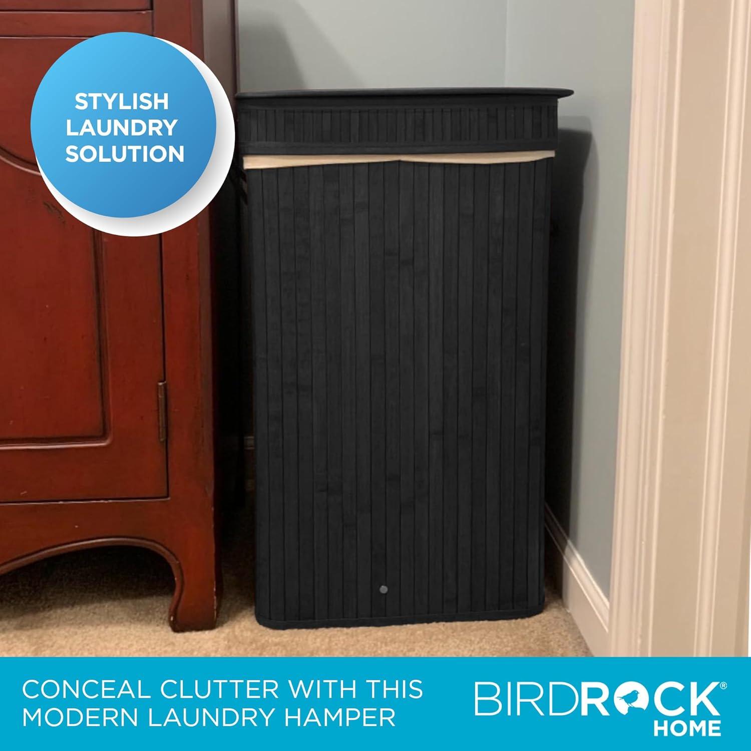 Square Laundry Hamper, Laundry Basket, Bamboo Collapsible Hamper with Lid, String and Cloth Liner for Bedroom, Living Room, Bathroom, Toilet, Hotel, Black