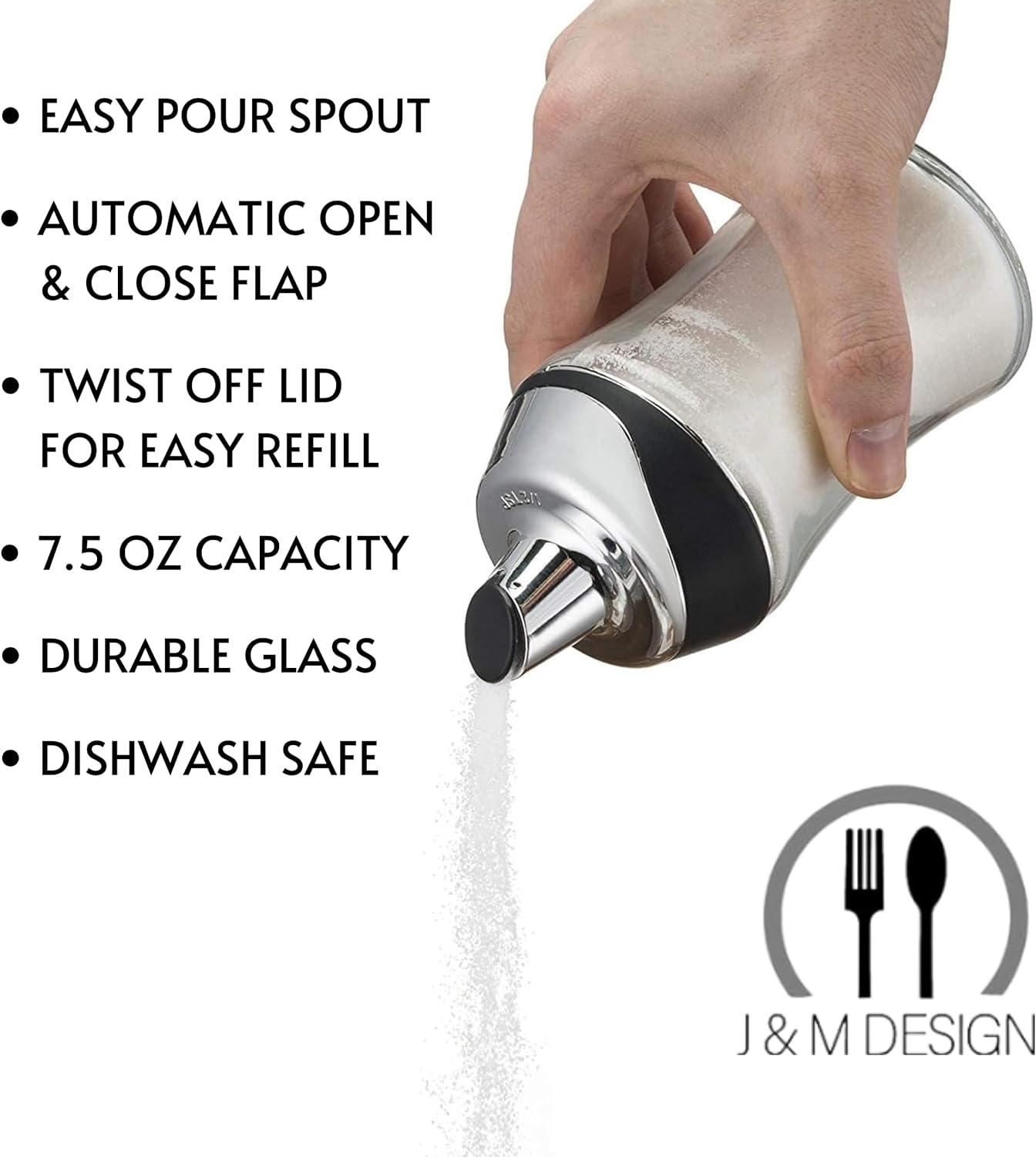 J&M DESIGN Sugar Dispenser with Pour Spout Lid Sugar Container Shaker Coffee Bar Accessories Organizer Essentials Powdered Creamer Baking Supplies 7.5oz Glass Jar Pourer Sugar Bowl Salt Dish Holder