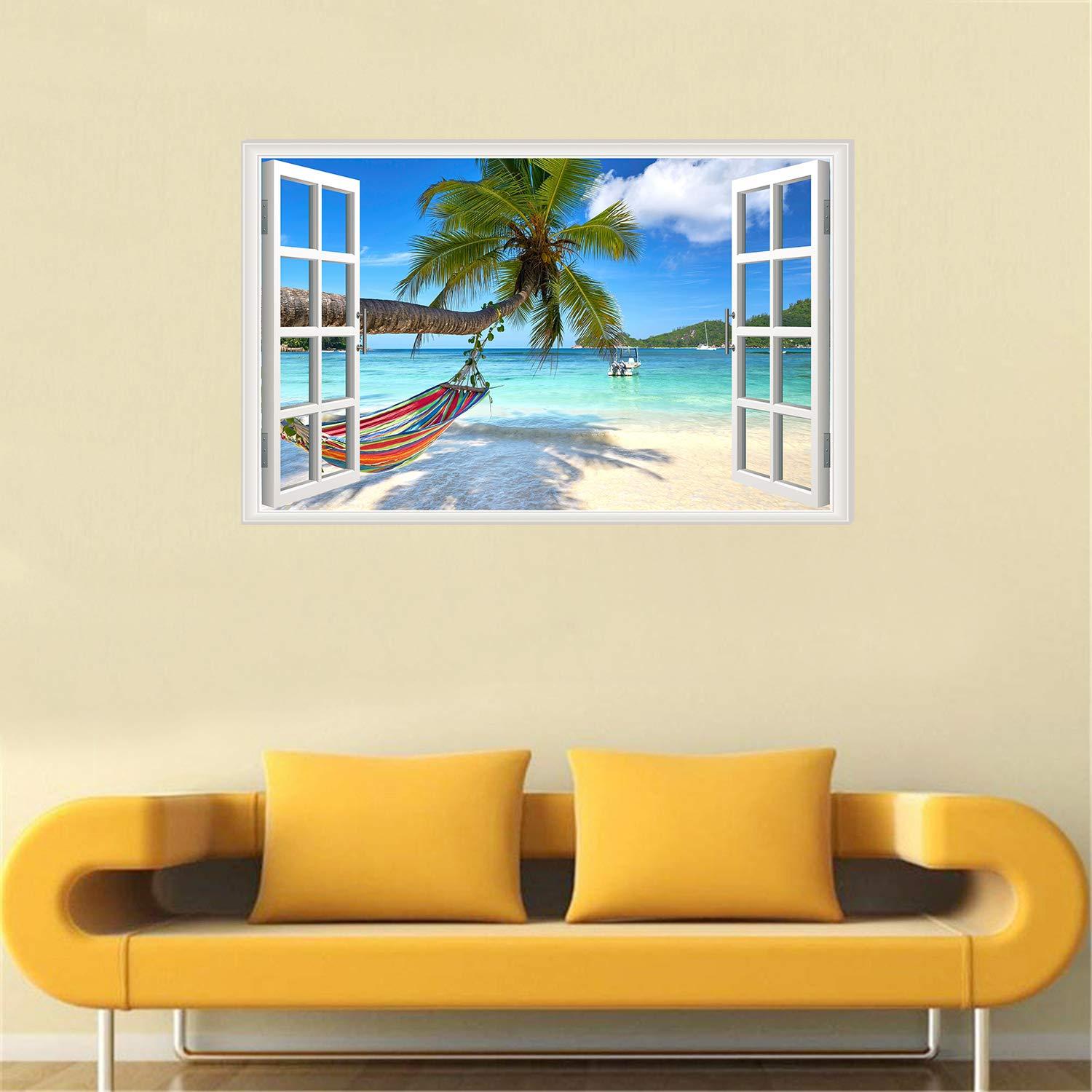 Beach Seascape Window Wall Sticker Palm Tree and Hammock Fake Window Wall Decals Removable Tropical Sea Window View Wall Stickers Decal for Living Room