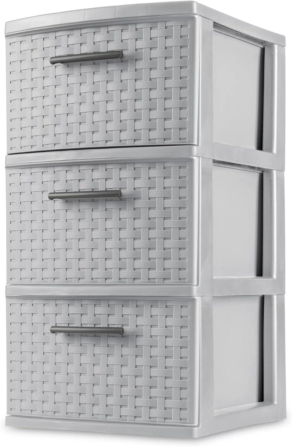 Cement Gray 3-Drawer Weave Plastic Storage Tower