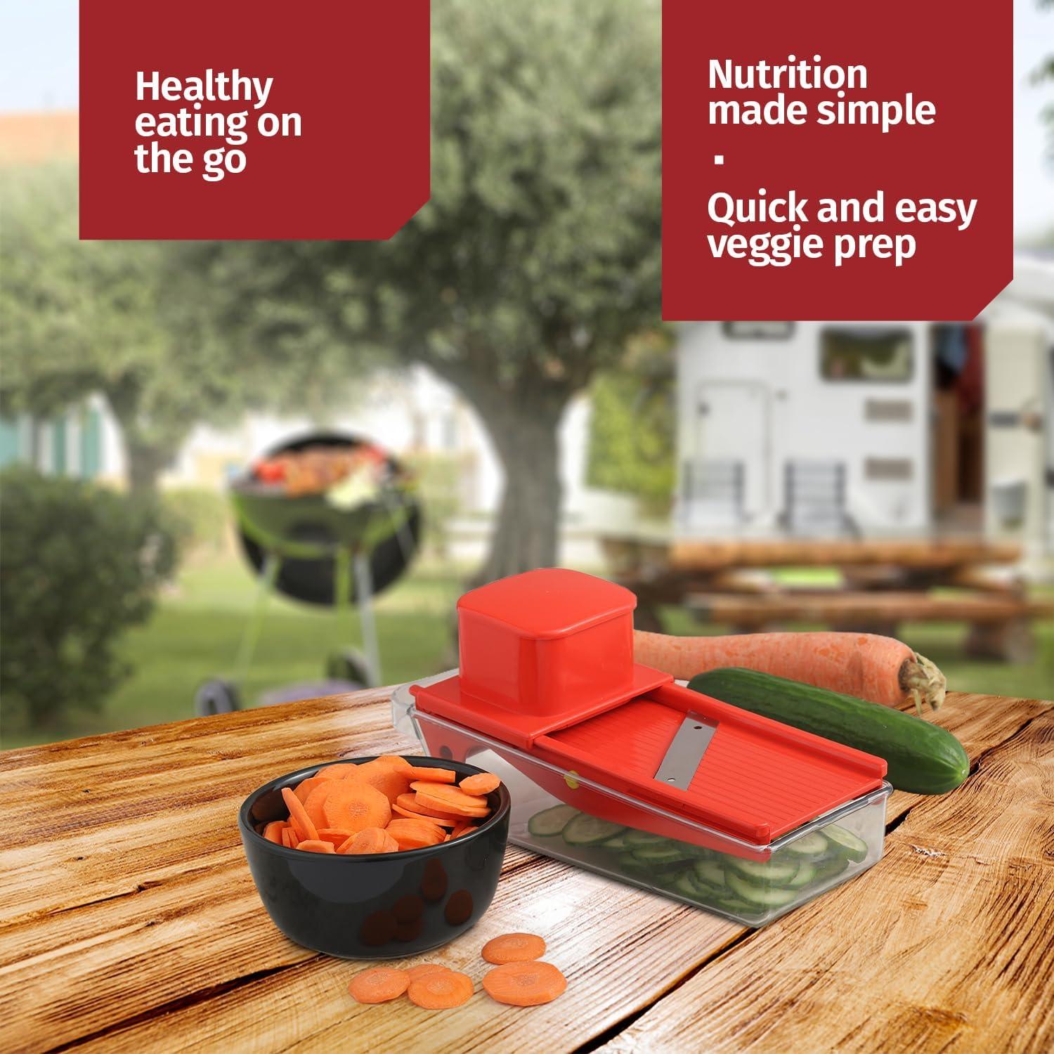 Small Mandoline Slicer – Portable Vegetable Slicer for Kitchen, Travel, On The Go – Adjustable thickness mandoline Slicer Food Cutter with Container All-in-1 Compact Vegetable Chopper– with Bowl Red