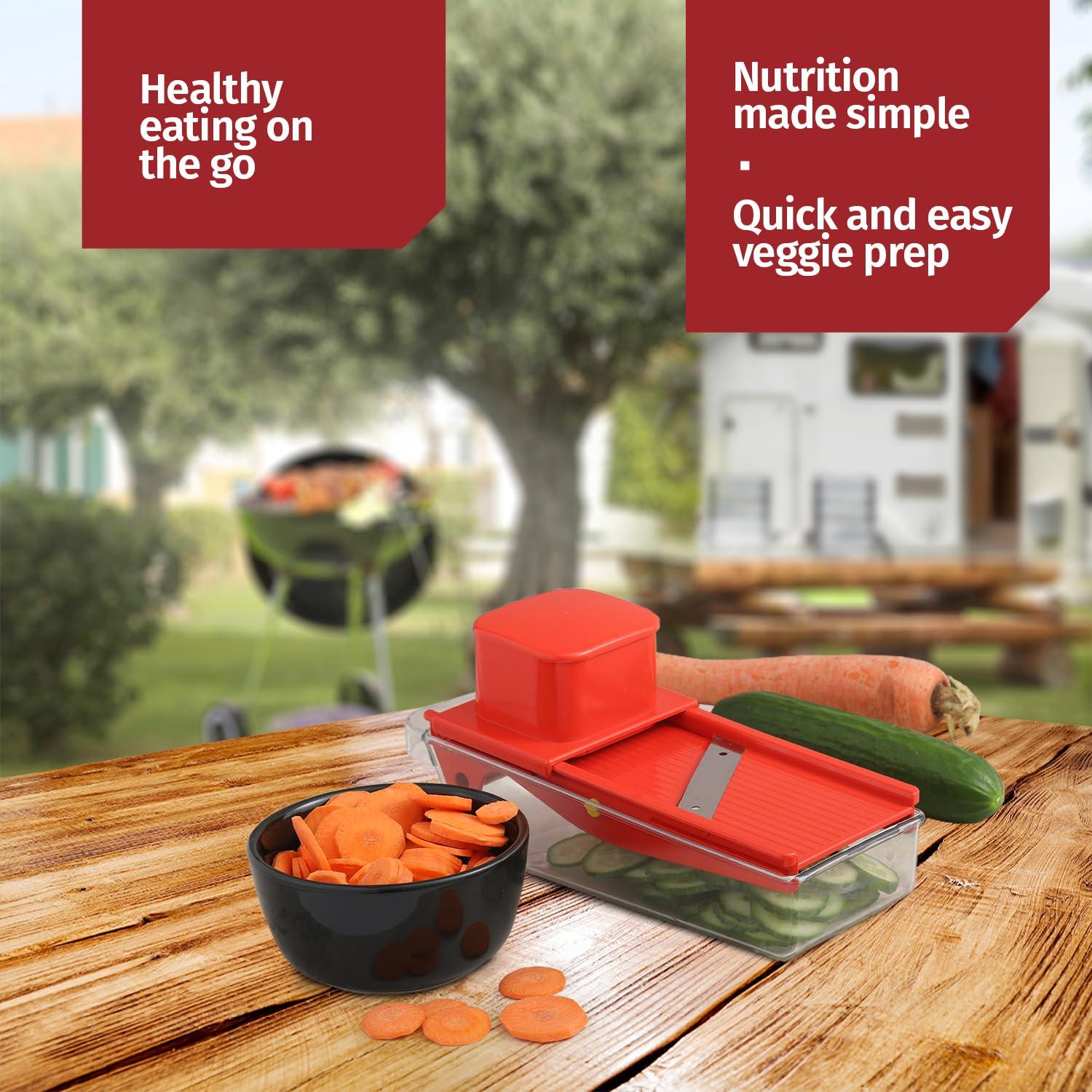 Small Mandoline Slicer – Portable Vegetable Slicer for Kitchen, Travel, On The Go – Adjustable thickness mandoline Slicer Food Cutter with Container All-in-1 Compact Vegetable Chopper– with Bowl Red