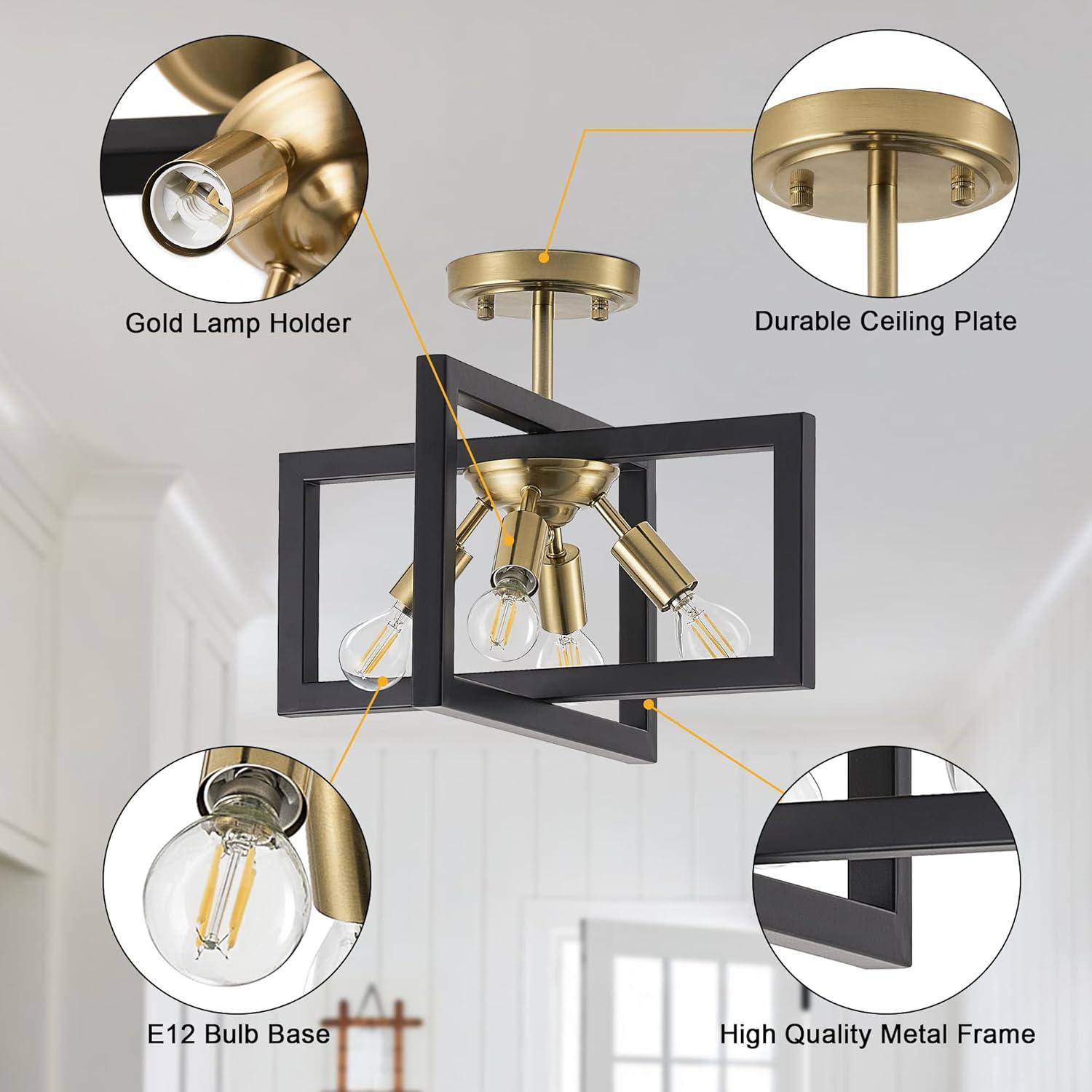 Modern Industrial Semi Flush Mount Ceiling Lighting, Farmhouse Black Gold Close to Ceiling Light Fixture, 4-Light Metal Square Ceiling Light