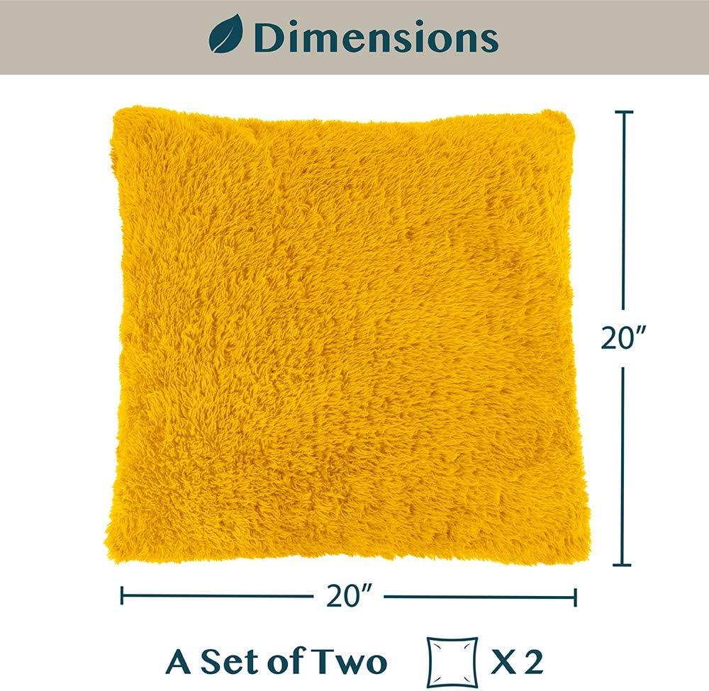 PAVILIA Set of 2 Fluffy Throw Pillow Covers, Decorative Faux Shearling Fur Square Cushion Accent for Bed Sofa Couch, Yellow/20 x 20