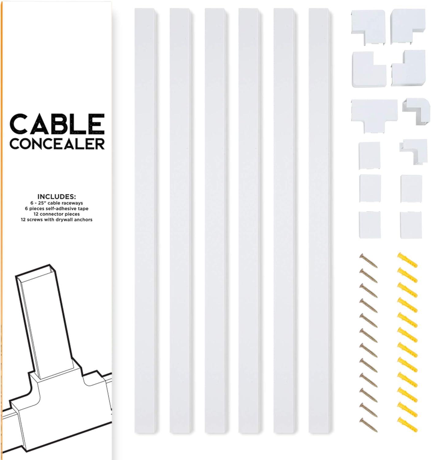 Set of Six 25-inch Cord Covers – 150-inch Total On-Wall Cable Management Kit for Wall-Mounted TV or Computer Cables by Simple Cord (White)