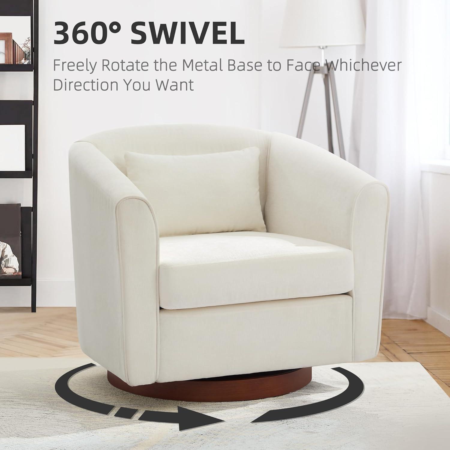 360° Swivel Accent Chair, Chenille Upholstered Armchair Barrel Chair with One Waist Pillow and Wood Base, Comfy Reading Chair for Living Room Bedroom