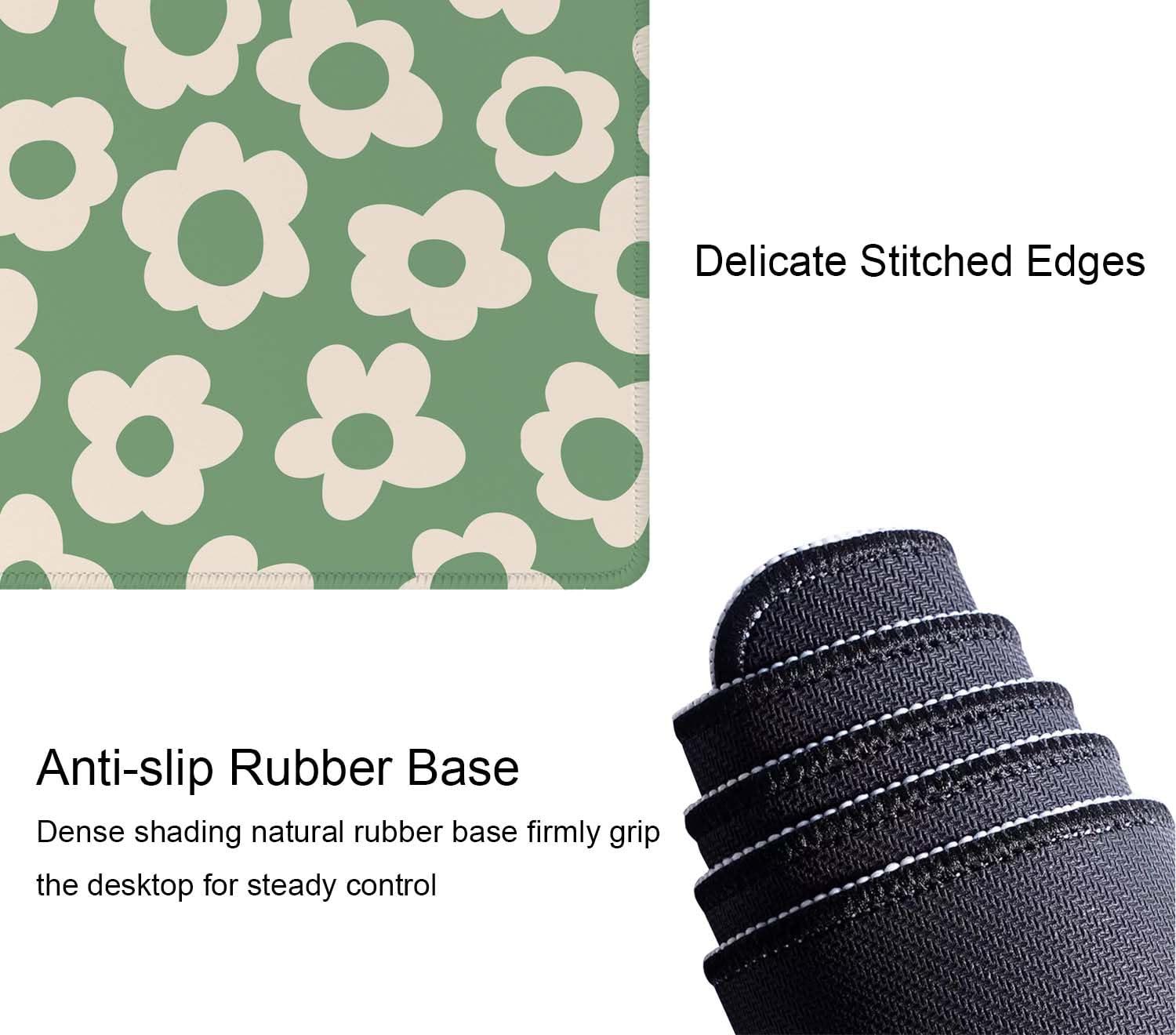 Vintage Groovy Green Flowers Gaming Mouse Pad,Extended Large Mouse Mat Desk Pad,Big Computer Keyboard Desk Pad,Stitched Edges Mousepad,3mm Thick Long Non-Slip Rubber Base Mice Pad, 31.5 X 11.8 Inch