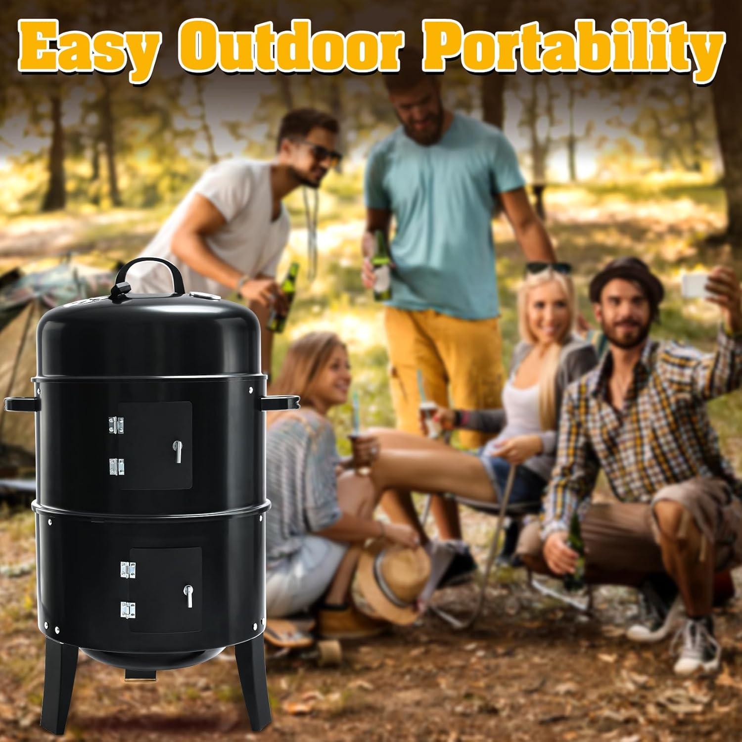 32" Charcoal Smoker BBQ Grill, 3IN1 Outdoor Vertical Smoke Portable Meat Cooker, Black