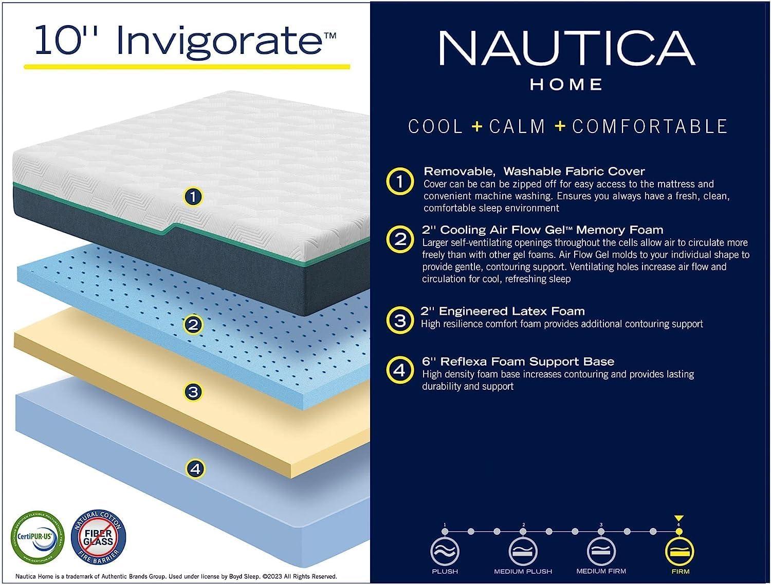 Nautica Home Invigorate 10" Medium-Plush Gel Memory Foam Mattress, Cooling Air Flow Foam Layers