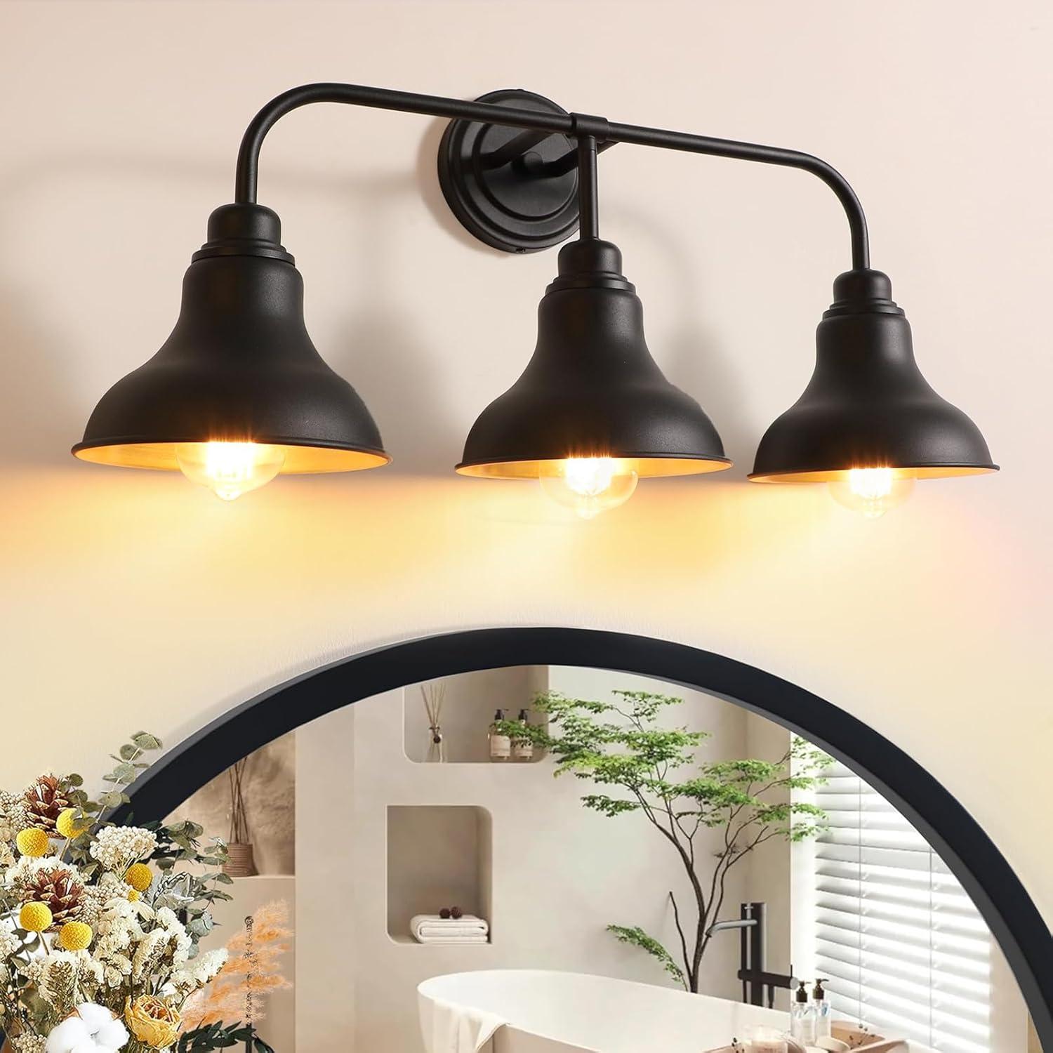 Farmhouse 25.25 in. 3-Light Black Vanity Light with Black Metal Shades