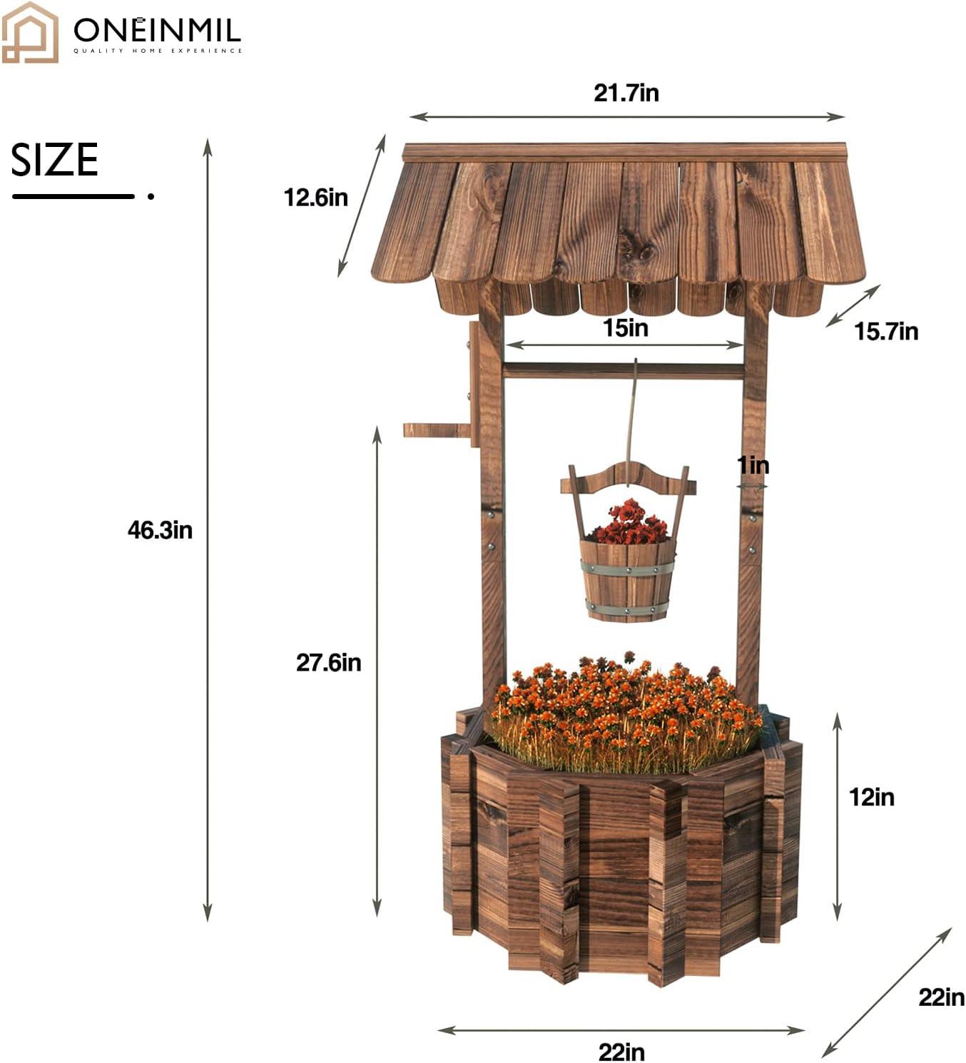 Rustic Brown Fir Wood Hanging Wishing Well Planter