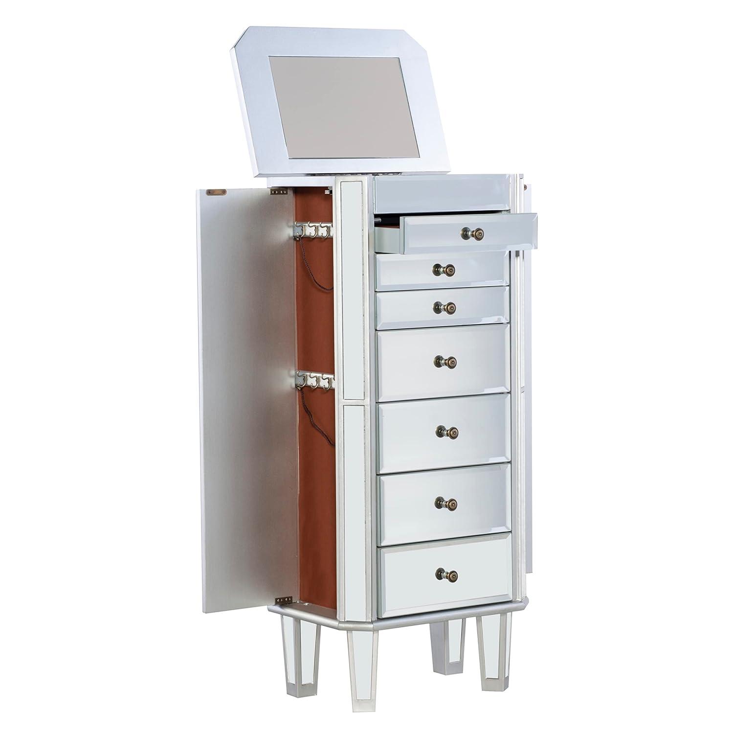 Linon Mason Mirrored 7 Drawer Flip Top Side Storage Jewelry Armoire in Silver