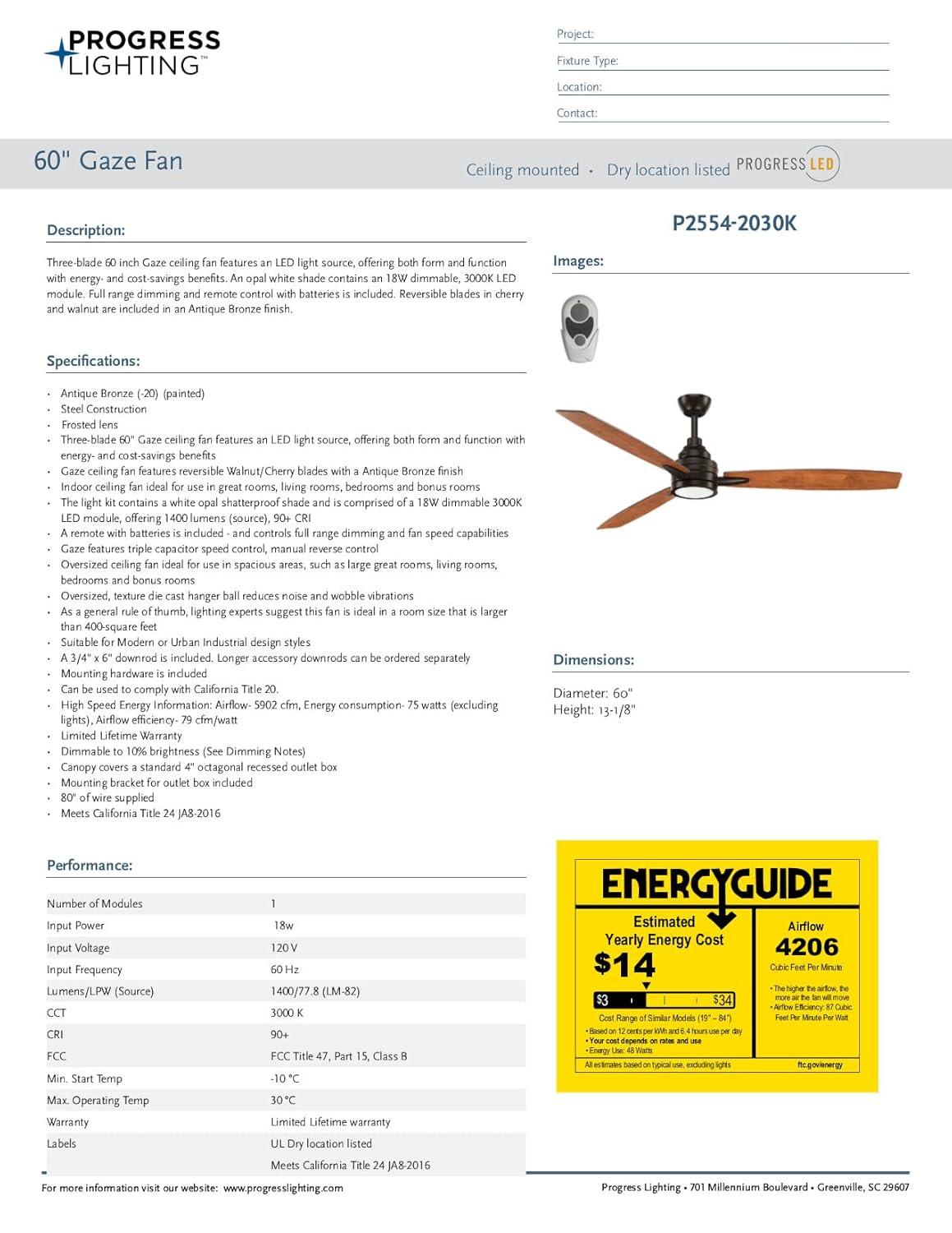 Gaze Collection 60" LED Three-Blade Ceiling Fan