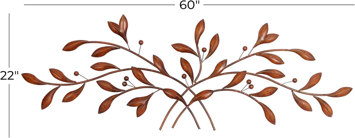 Brown Metal Leaf Branch Wall Sculpture with Brushed Finish