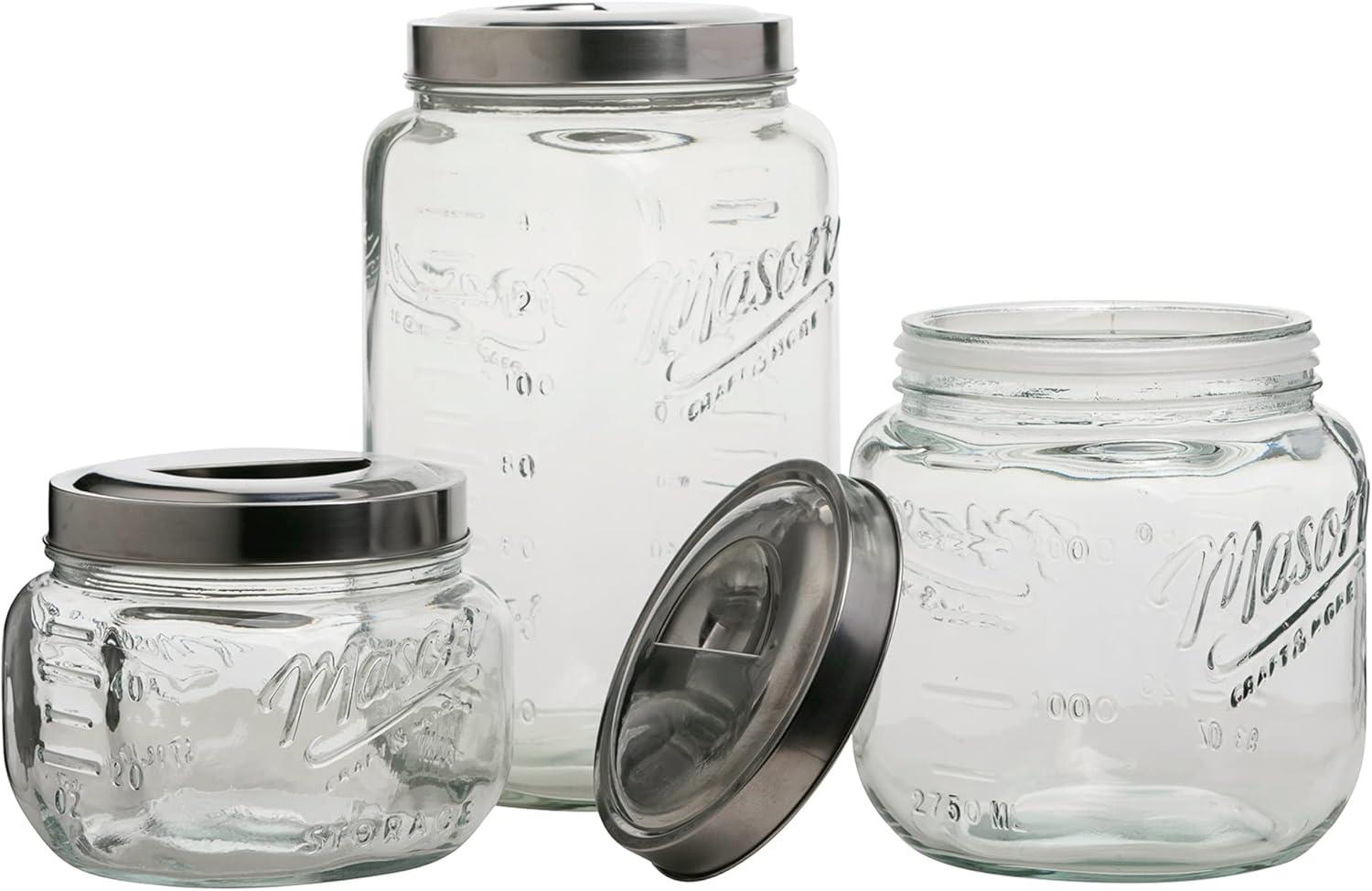 Mason Craft & More 3 Piece Square Glass Canister Set With Pop Up Lid