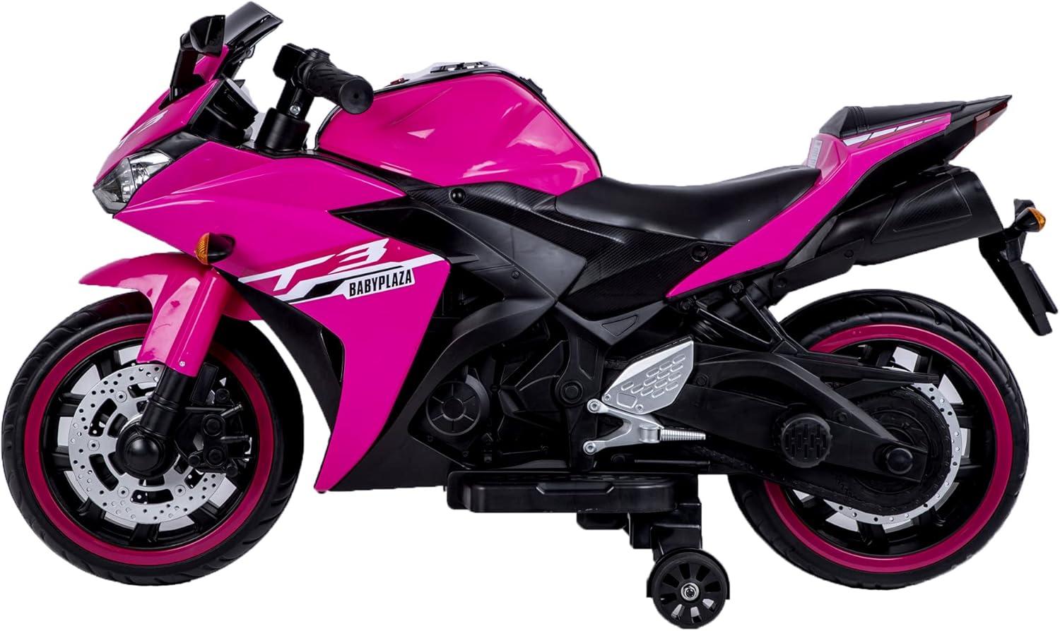 WEEROCK Kids Electric Motorcycle with Trainning Wheels for 3-8 Years(43-59in), Boys Girls Ride on Electric Motorbike, Light Wheels Hand Drive for Child Motorized Toys Gift, Pink