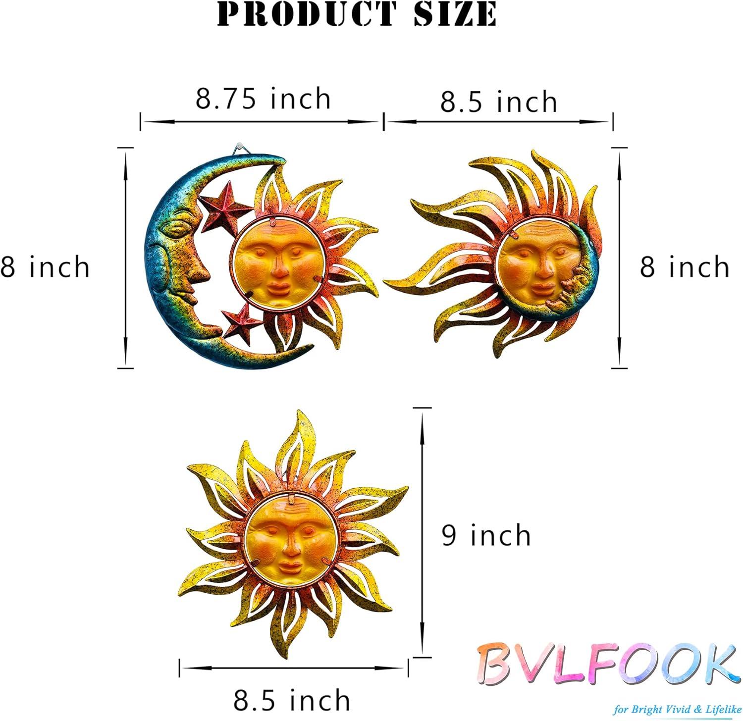 BVLFOOK Sun Face Metal Wall Art Decor Outdoor Indoor, Sun Moon Star, Metal & Glass Hanging Wall Patio Decorations for Outdoor Living Room Bedroom Garden Porch Fence Balcony, Set of 3, 9 inch Large