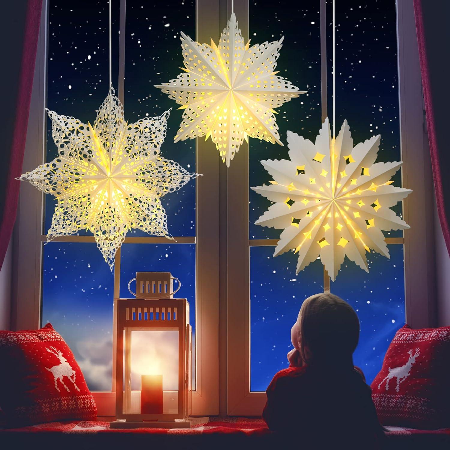 Mudder 5 Pieces Christmas Snowflake Paper Lantern with 7 Light up Star Paper 3D Hanging Lantern Lamp Party Decoration for Weddings Holiday Xmas Trees(Cute Style,White)