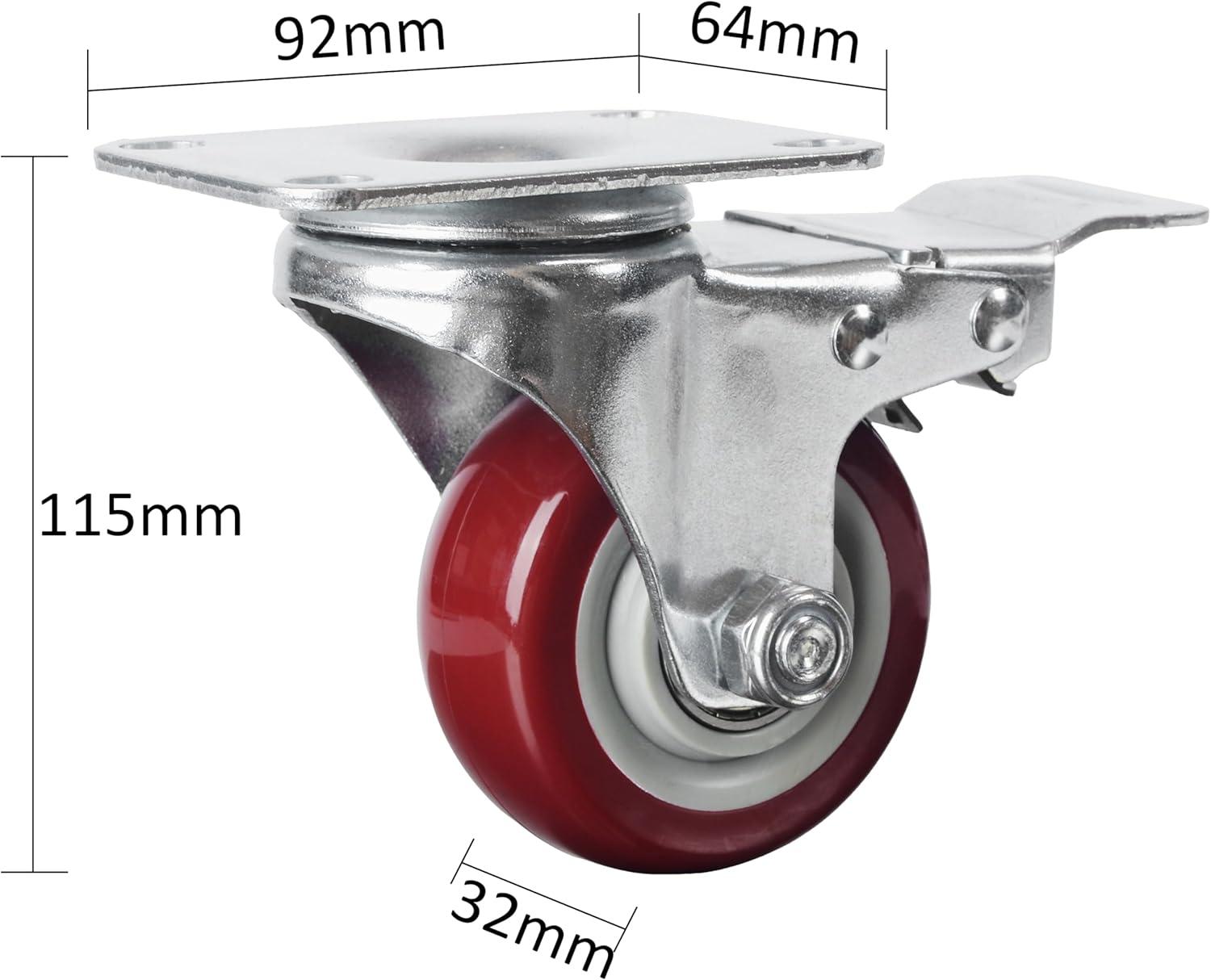 Caster Wheels Set of 4 with Brake Plate Swivel Casters Premium Polyurethane Wheels PU Load Bearing 1,200 Lbs Lockable Anti-wear Smooth Casters Red