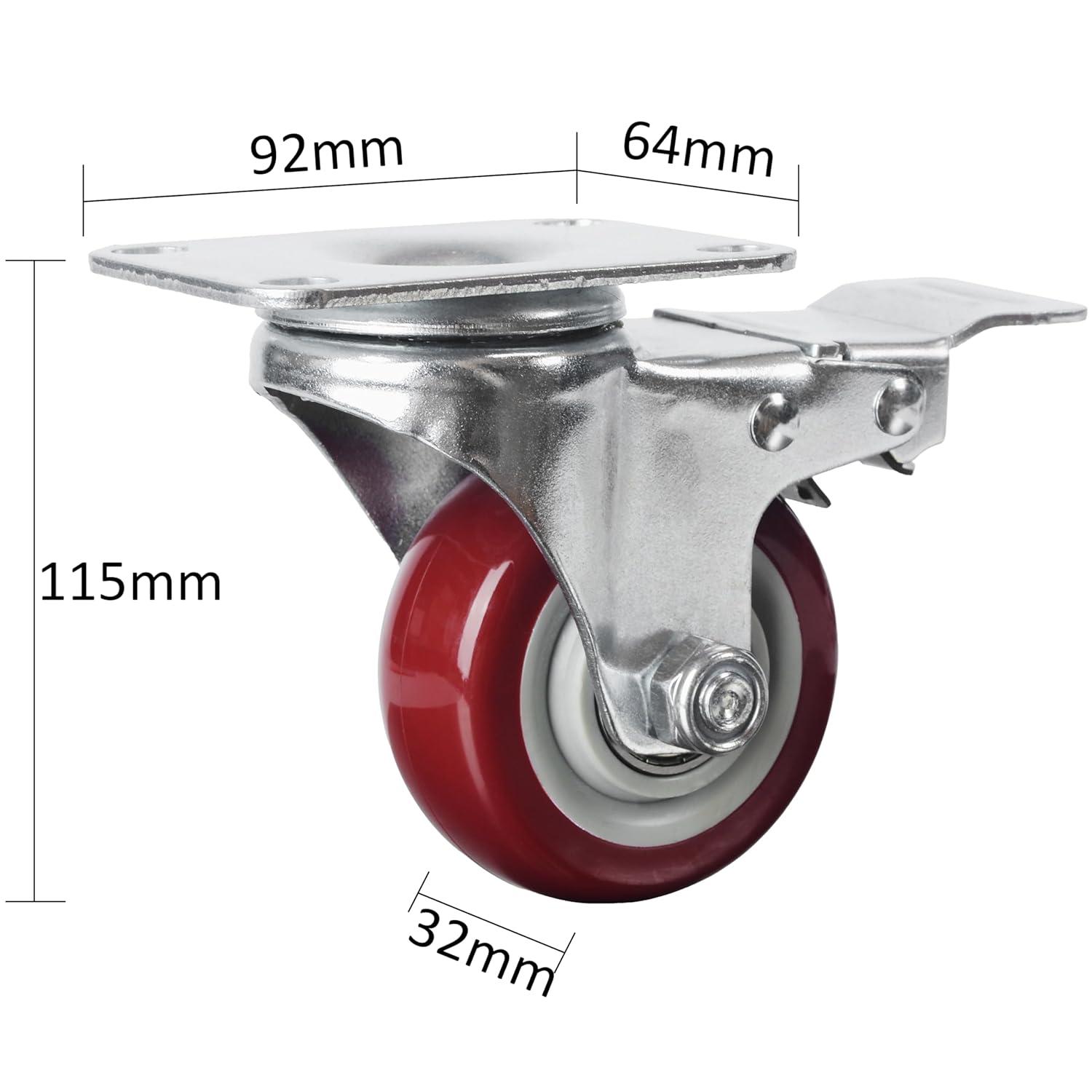 Caster Wheels Set of 4 with Brake Plate Swivel Casters Premium Polyurethane Wheels PU Load Bearing 1,200 Lbs Lockable Anti-wear Smooth Casters Red