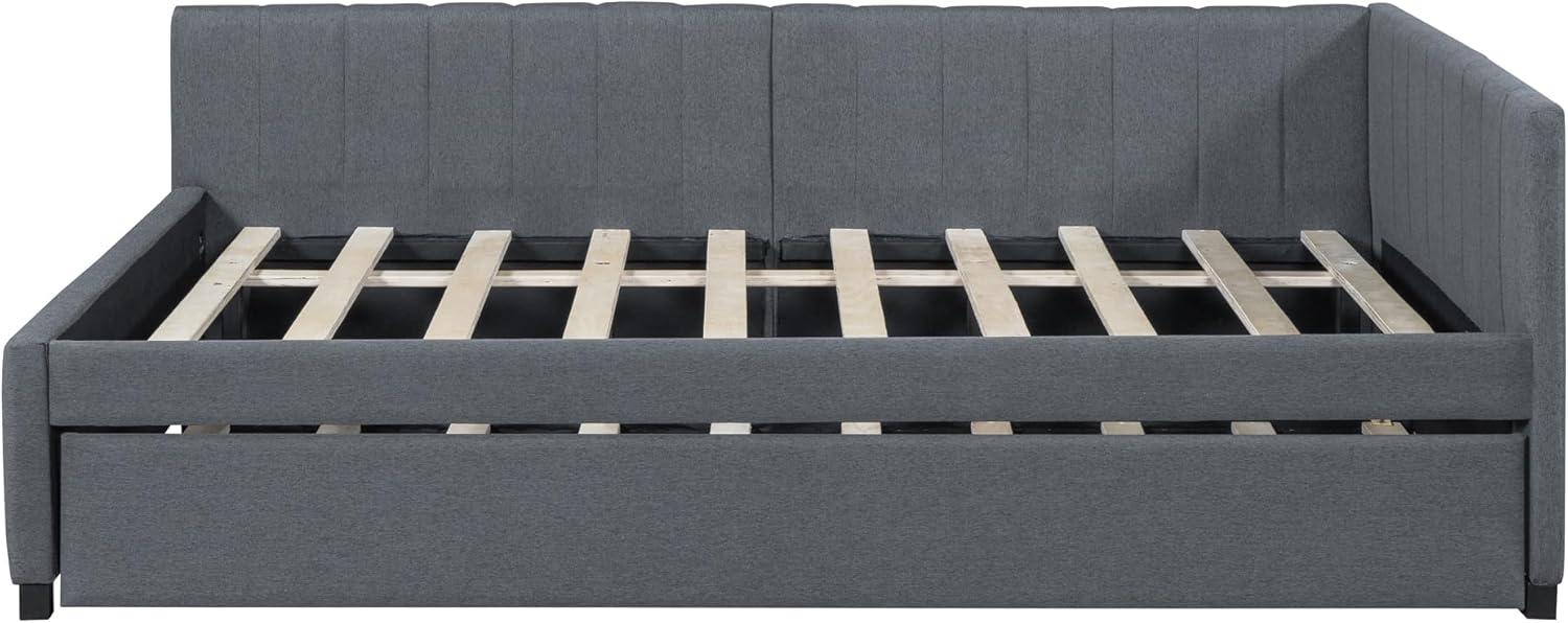 Linen Daybed, Full Solid Wood Daybed with Twin Size Trundle Bed, Bed Frame with Support of Slats, Maximize Space for Living Room, Bedroom and Guest Room, Gray