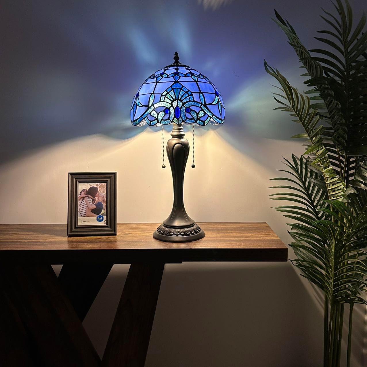 Tiffany Table Lamp Blue Stained Glass Baroque Style Lavender LED Bulbs Included for Living Room Dining Room Bedroom 12"W*12"D*22"H