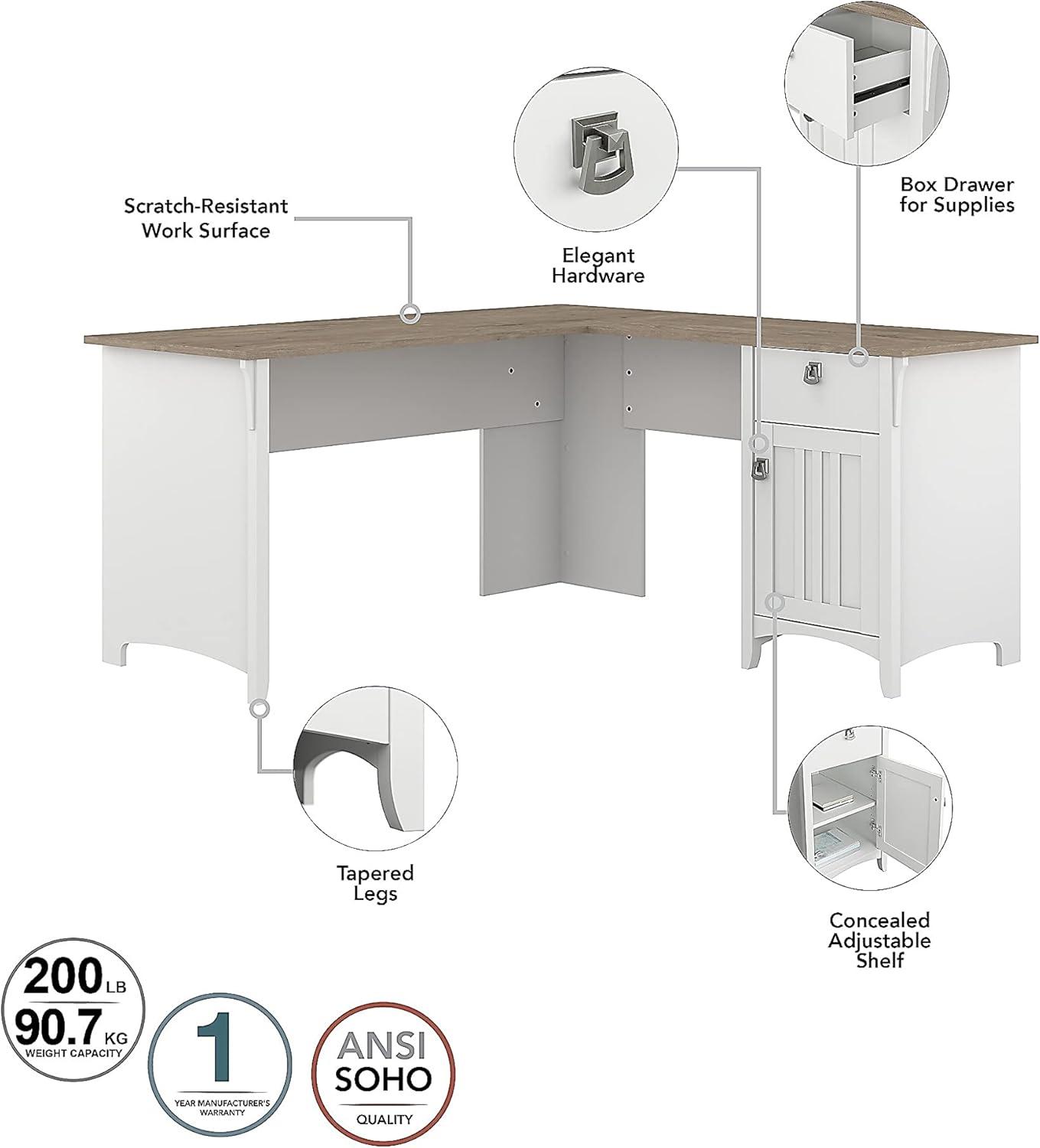 Bush Furniture Salinas 60" L Shaped Desk with Storage, Shiplap Gray & Pure White