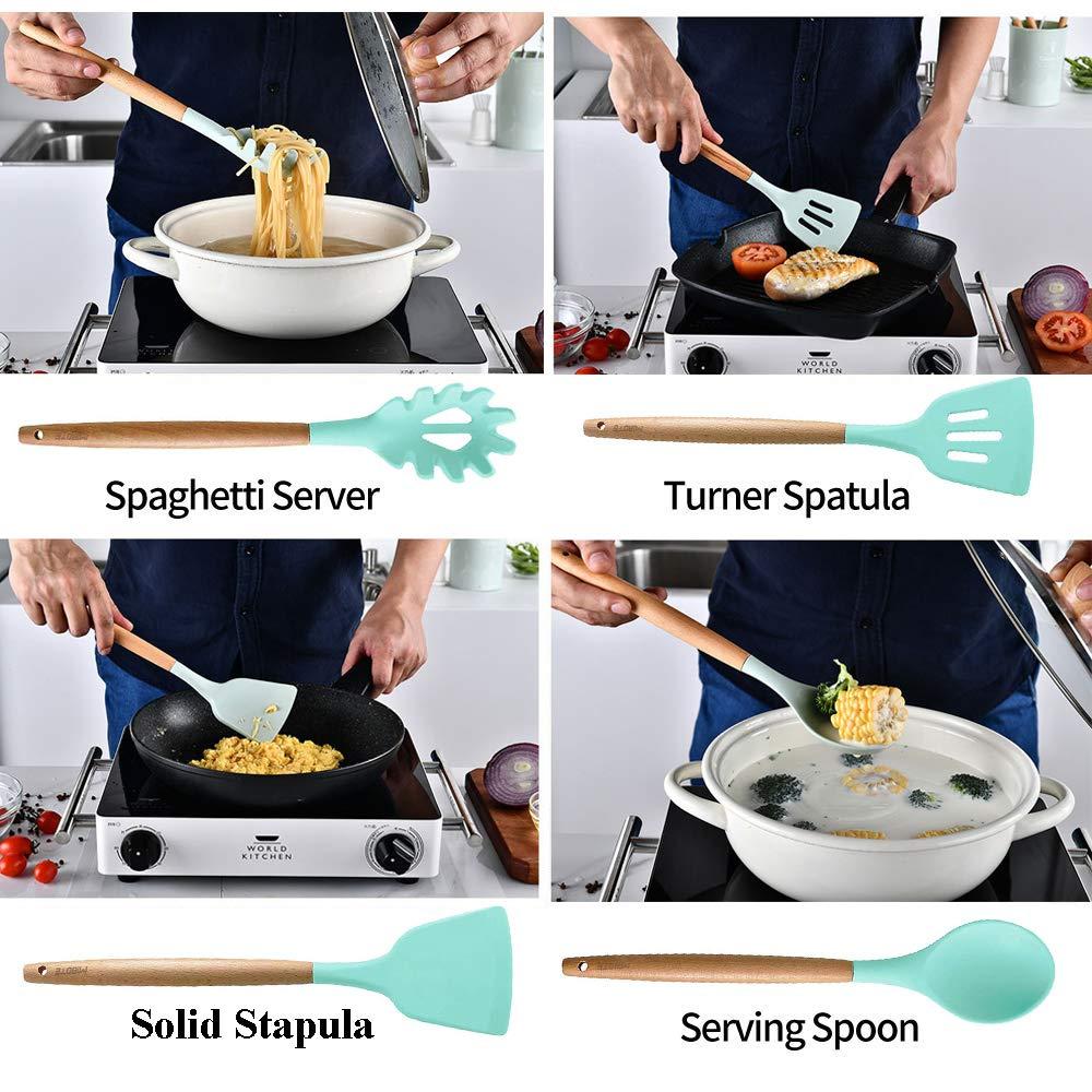 12PCS Kitchen Utensil Set Silicone Cooking Utensils Kit Spatula Heat Resistant Wooden Spoons Gadgets Tool for Non-Stick Cookware