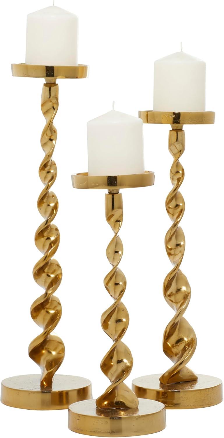 Gold Polished Aluminum Twisted Ribbon Candle Holders, Set of 3