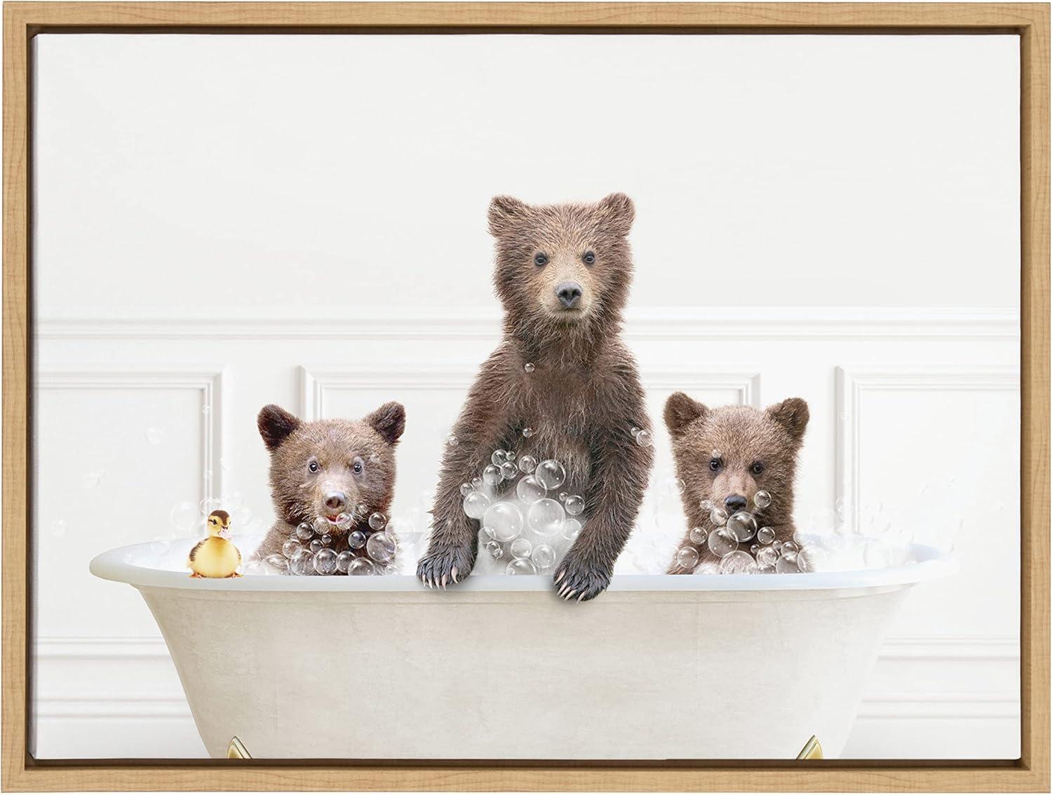 Kate and Laurel Sylvie Three bears In Bubble Bath Neutral Style Framed Canvas by Amy Peterson Art Studio, 18x24, Natural