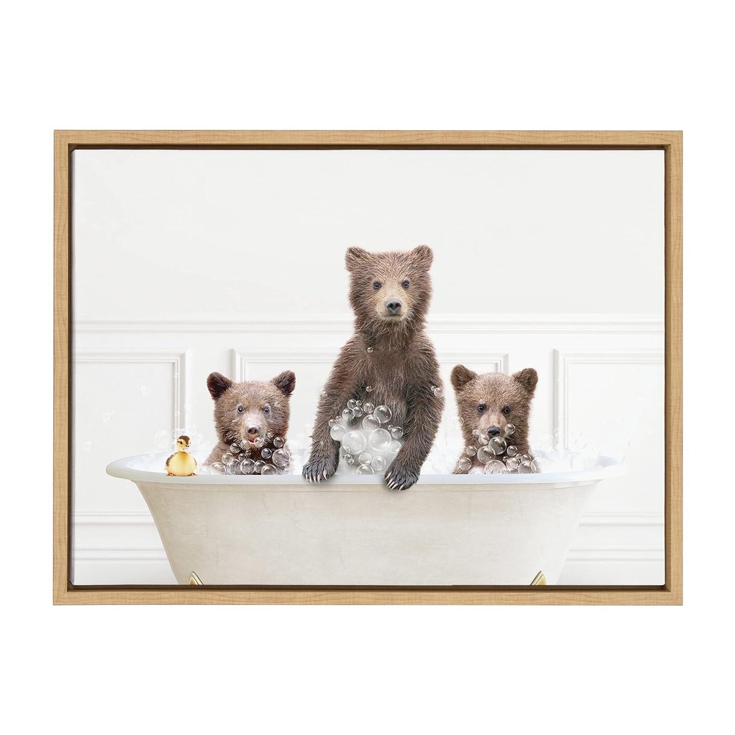Kate and Laurel Sylvie Three bears In Bubble Bath Neutral Style Framed Canvas by Amy Peterson Art Studio, 18x24, Natural