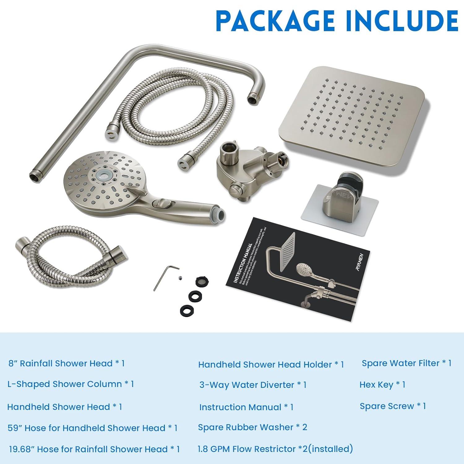 8" Dual Shower Head Combo, Rainfall Shower Head with Handheld, 6 Spray Settings Angle Adjustable Handheld Shower Head with Pause, Height Adjustable, Matte Black