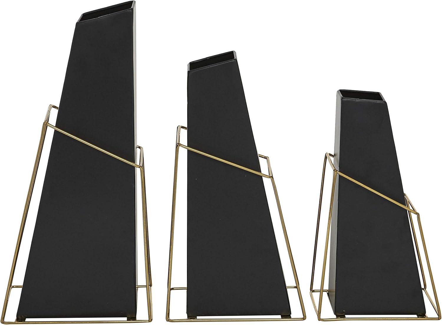 DecMode 10", 12", 14"H Black Metal Vase with Gold Wire Accents, Set of 3