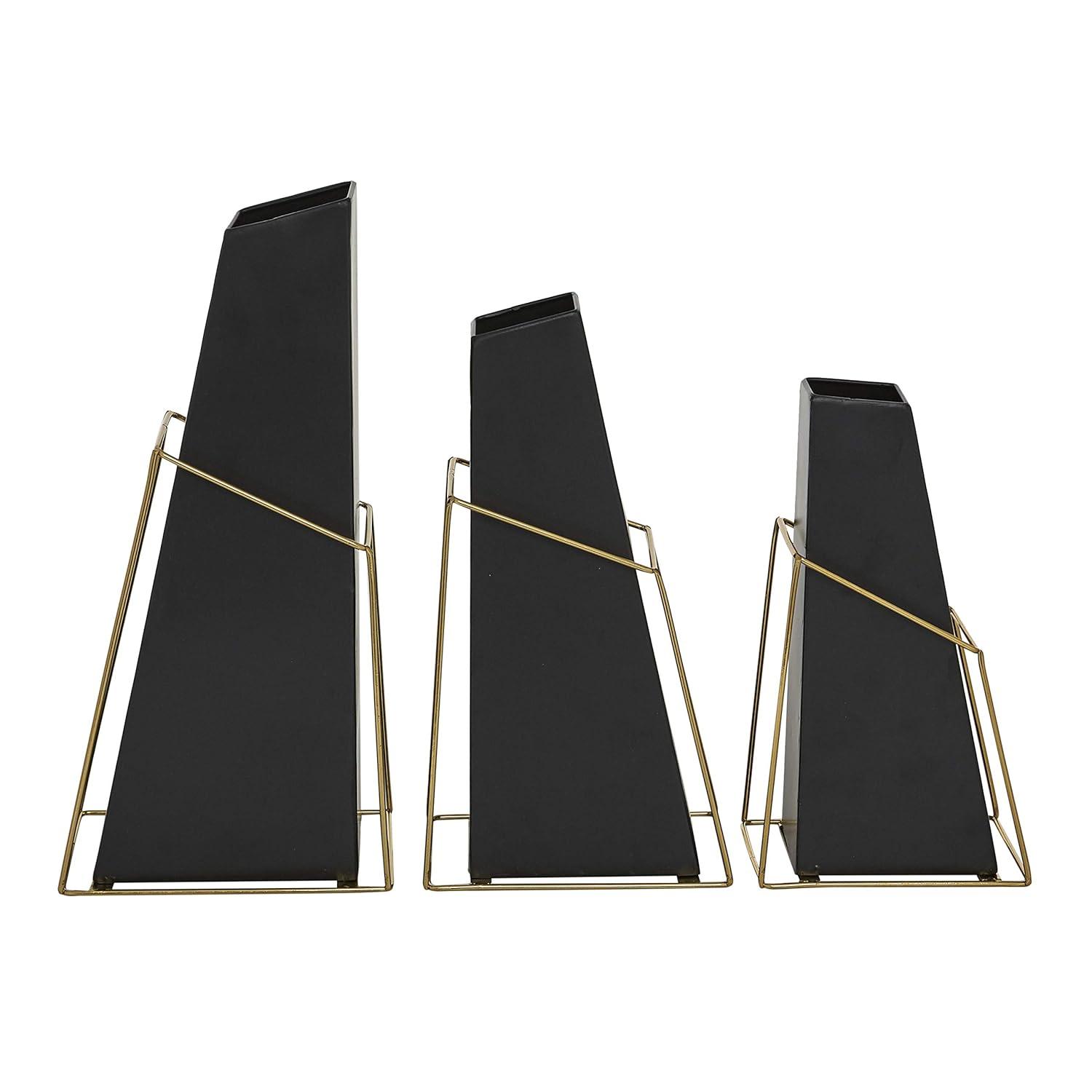 DecMode 10", 12", 14"H Black Metal Vase with Gold Wire Accents, Set of 3