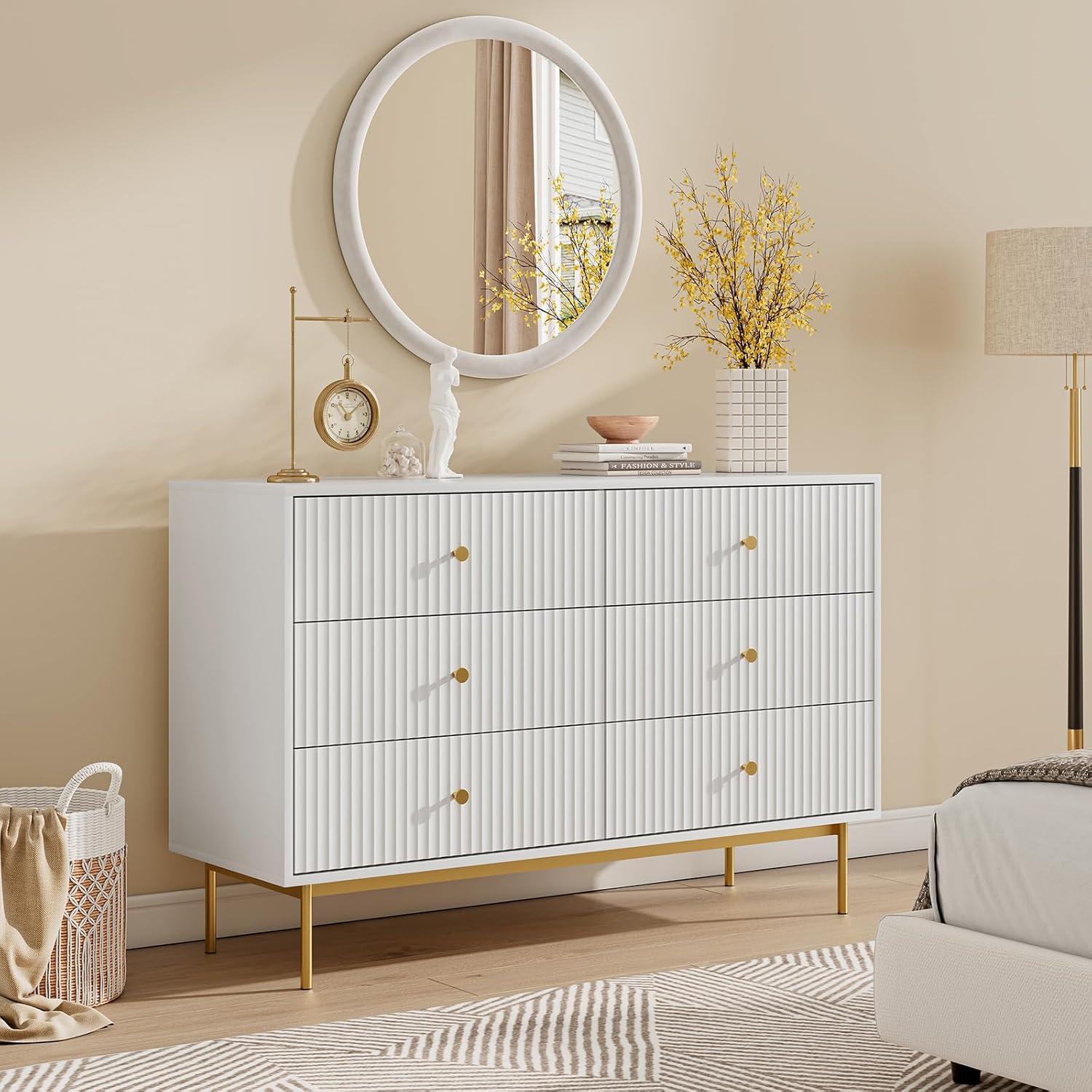 6 Drawer Dresser for Bedroom,Modern Bedroom Dresser,Fluted White and Gold Dresser with Curved Profile Design