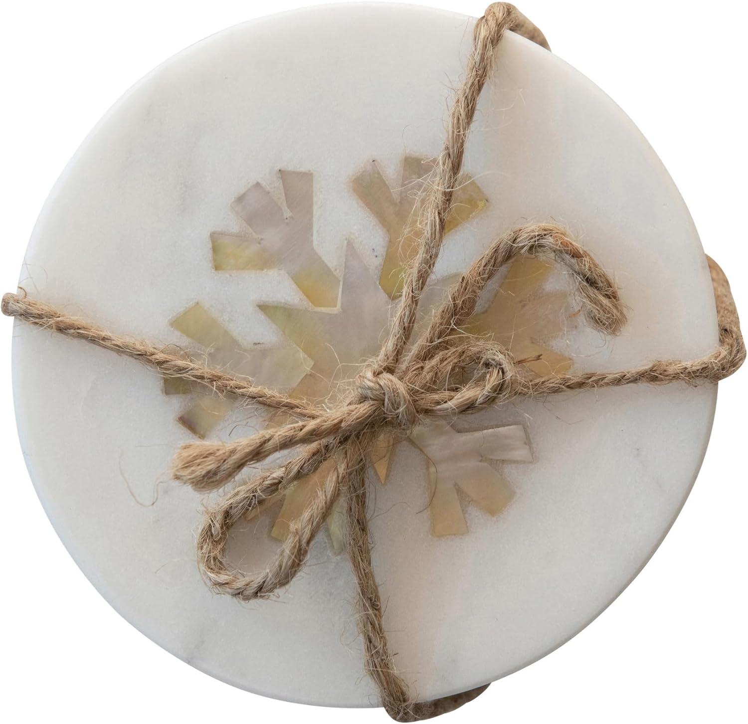 White Marble and Mother of Pearl Snowflake Coasters, Set of 4