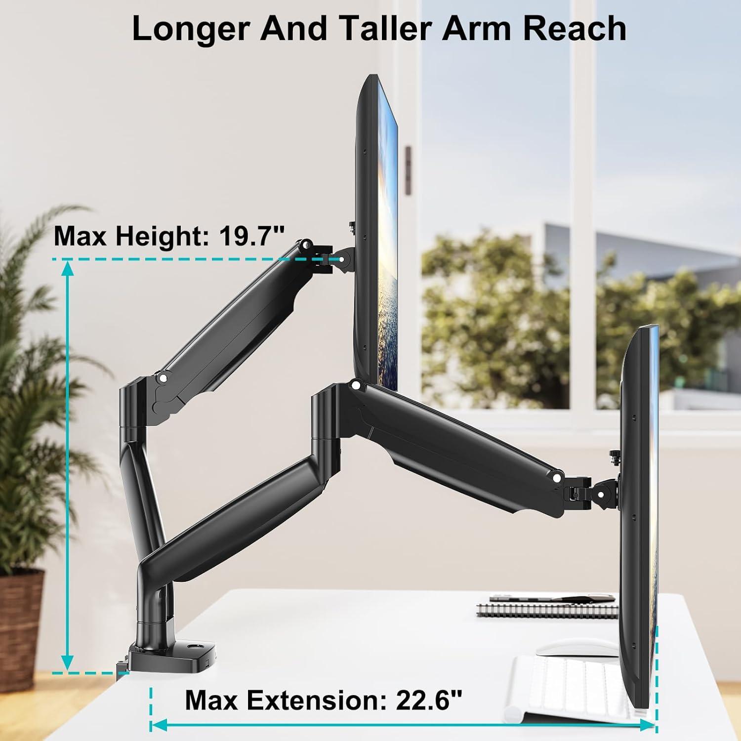 Black Dual Monitor Desk Mount with Gas Spring Arms and Riser